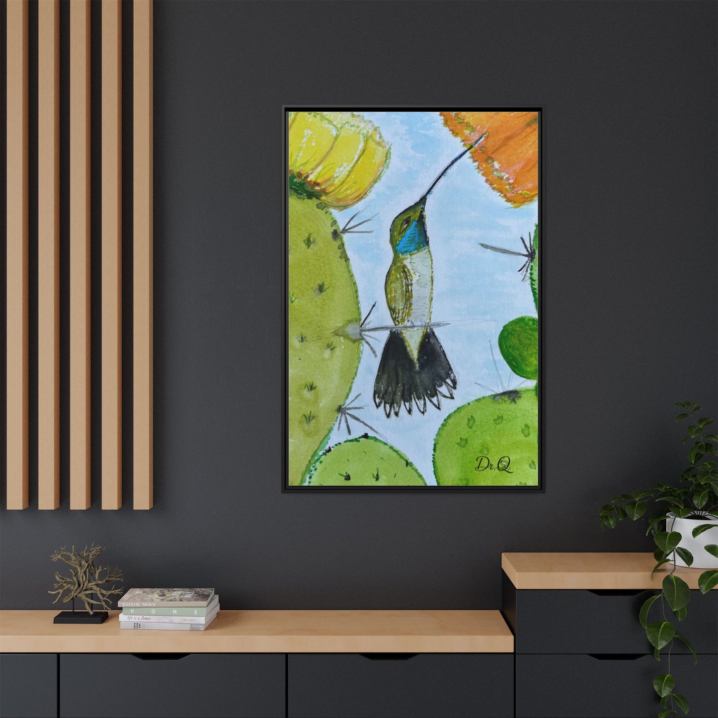 Framed Hummingbird Cactus Watercolor Print on Canvas by Dr. Q — Floral Desert Wall Art