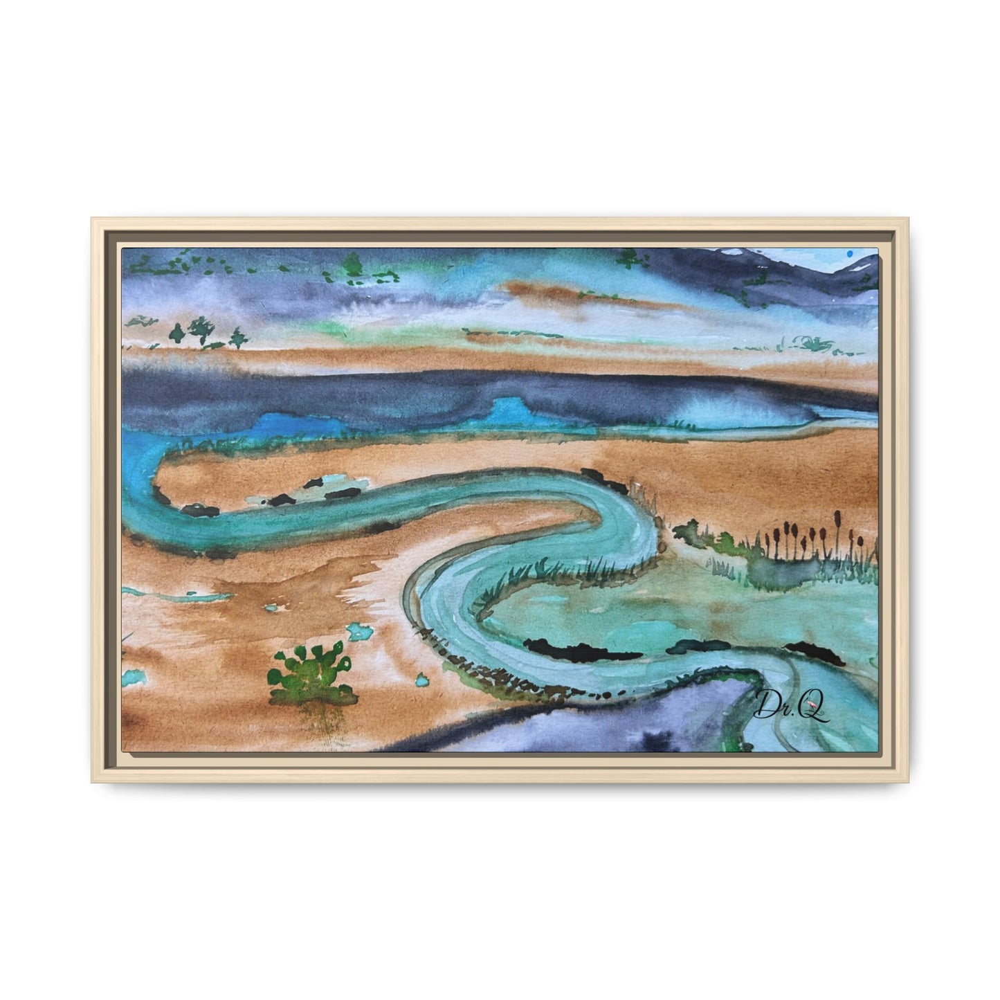 Winding River by Dr. Q - Framed Matte Canvas Watercolor Wall Art