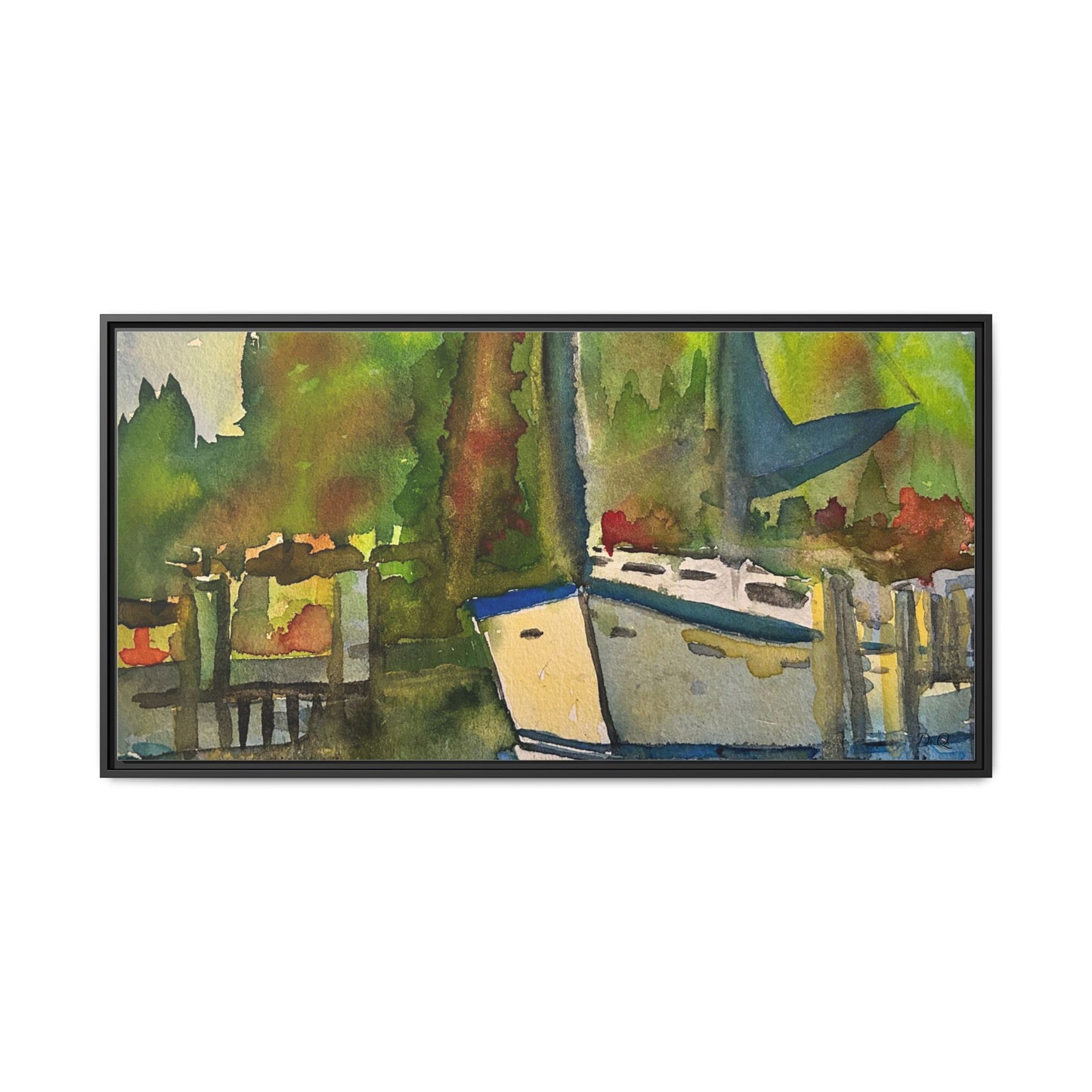 Sailboat Harbor Watercolor — Framed Matte Canvas Wall Art