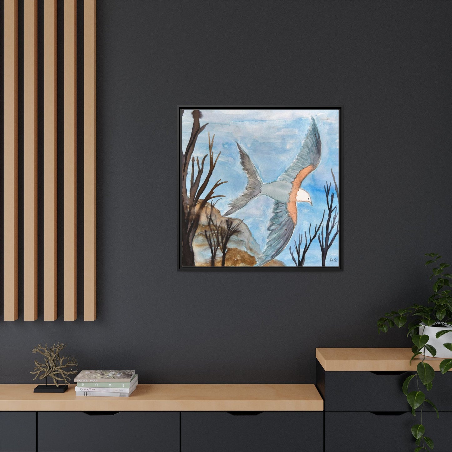 Framed Matte Canvas Wall Art — Soaring Seagull Coastal Print