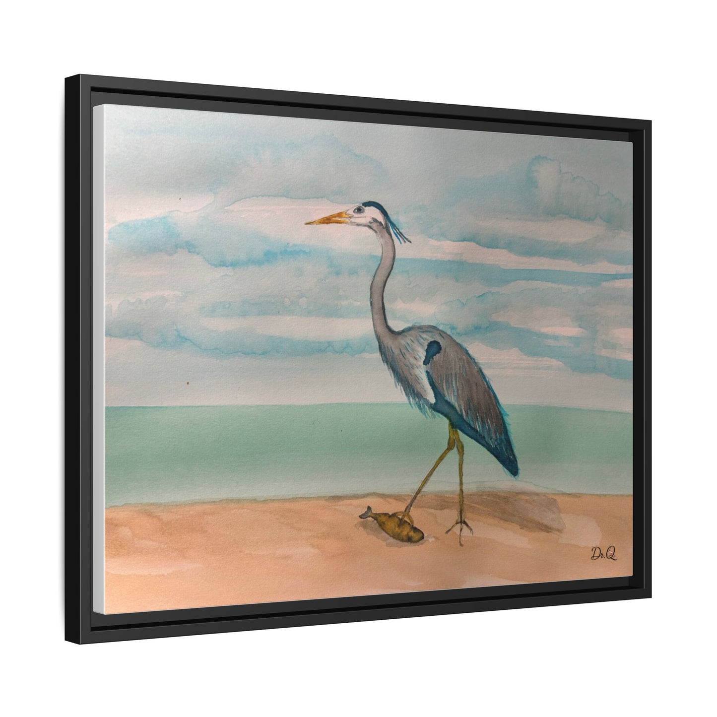 Framed Heron Beach Matte Canvas — Coastal Watercolor Wall Art