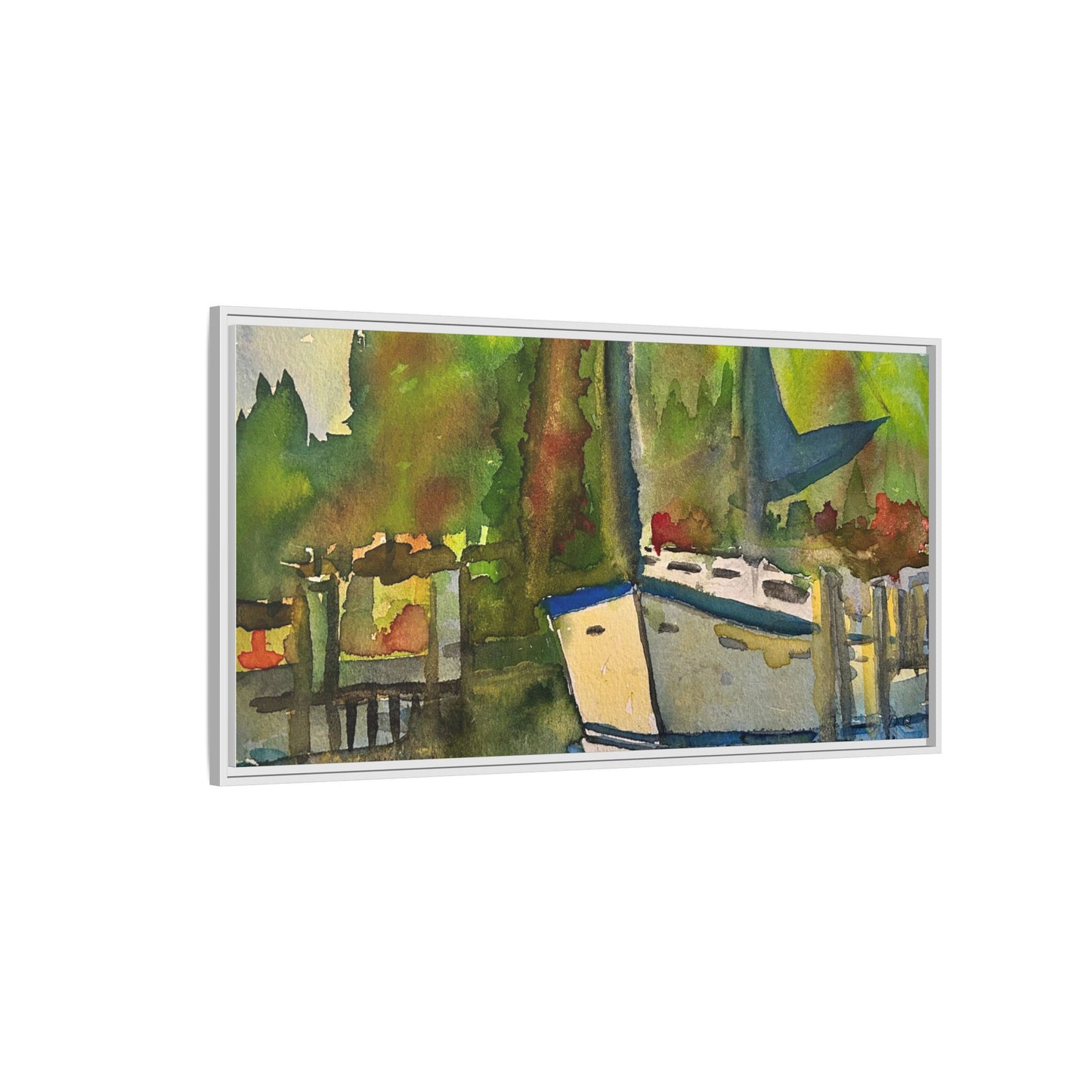 Sailboat Harbor Watercolor — Framed Matte Canvas Wall Art