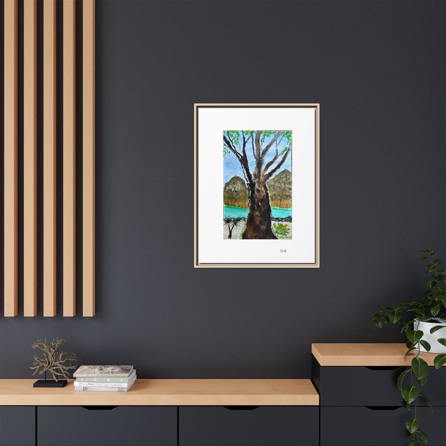 Tranquil Lakeside Tree Watercolor - Framed Matte Canvas Print by Dr. Q