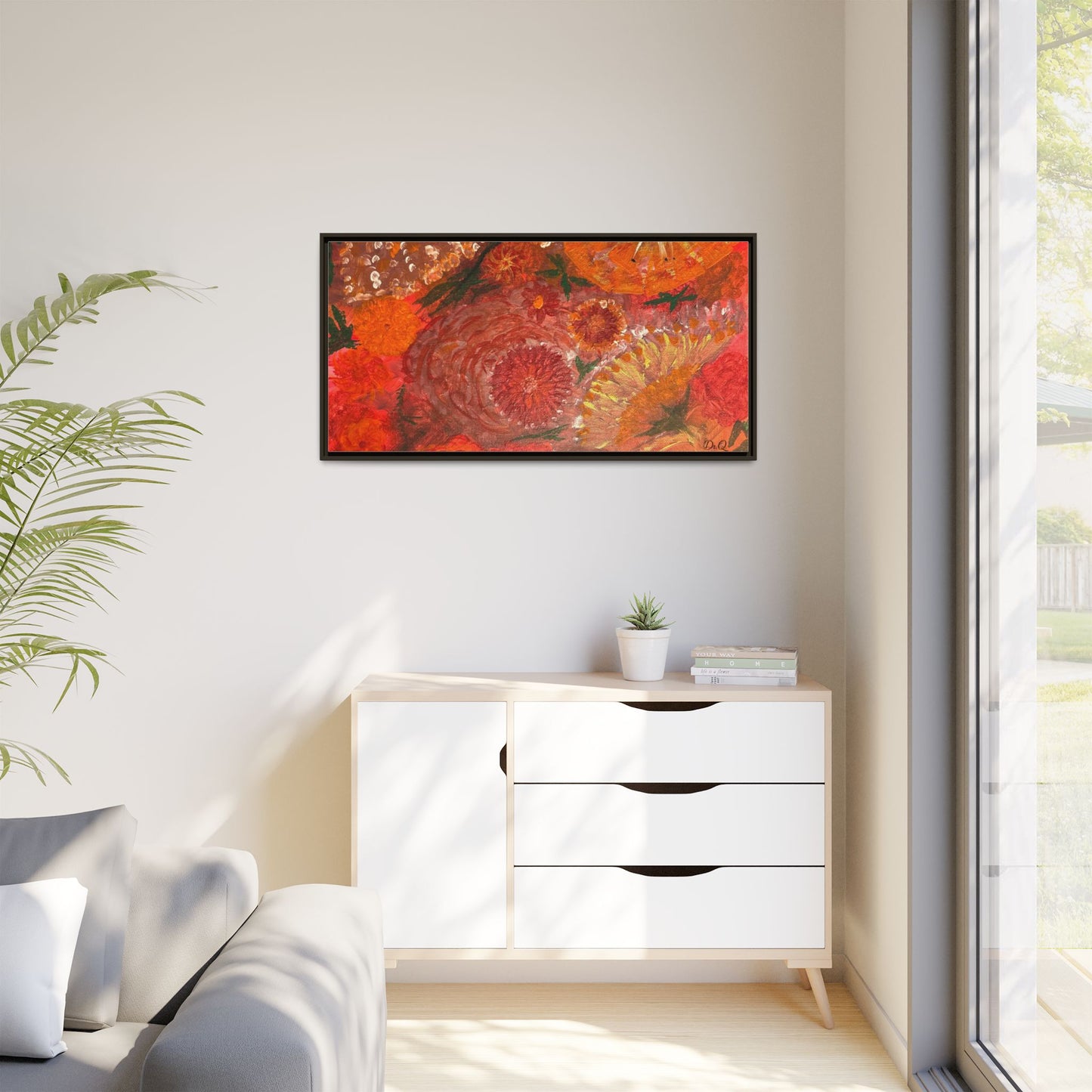 "Floral Burst" Abstract Red Floral Matte Canvas Framed Wall Art