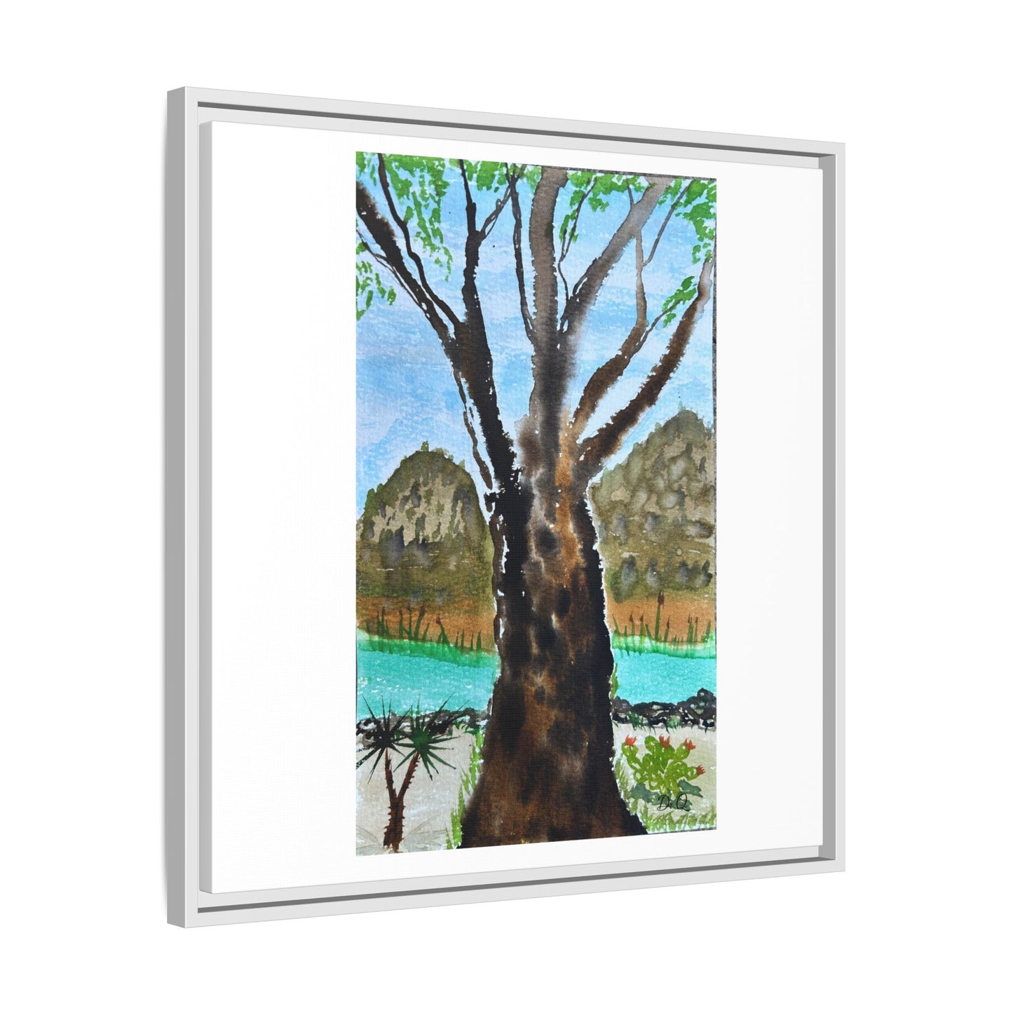 Tranquil Lakeside Tree Watercolor - Framed Matte Canvas Print by Dr. Q