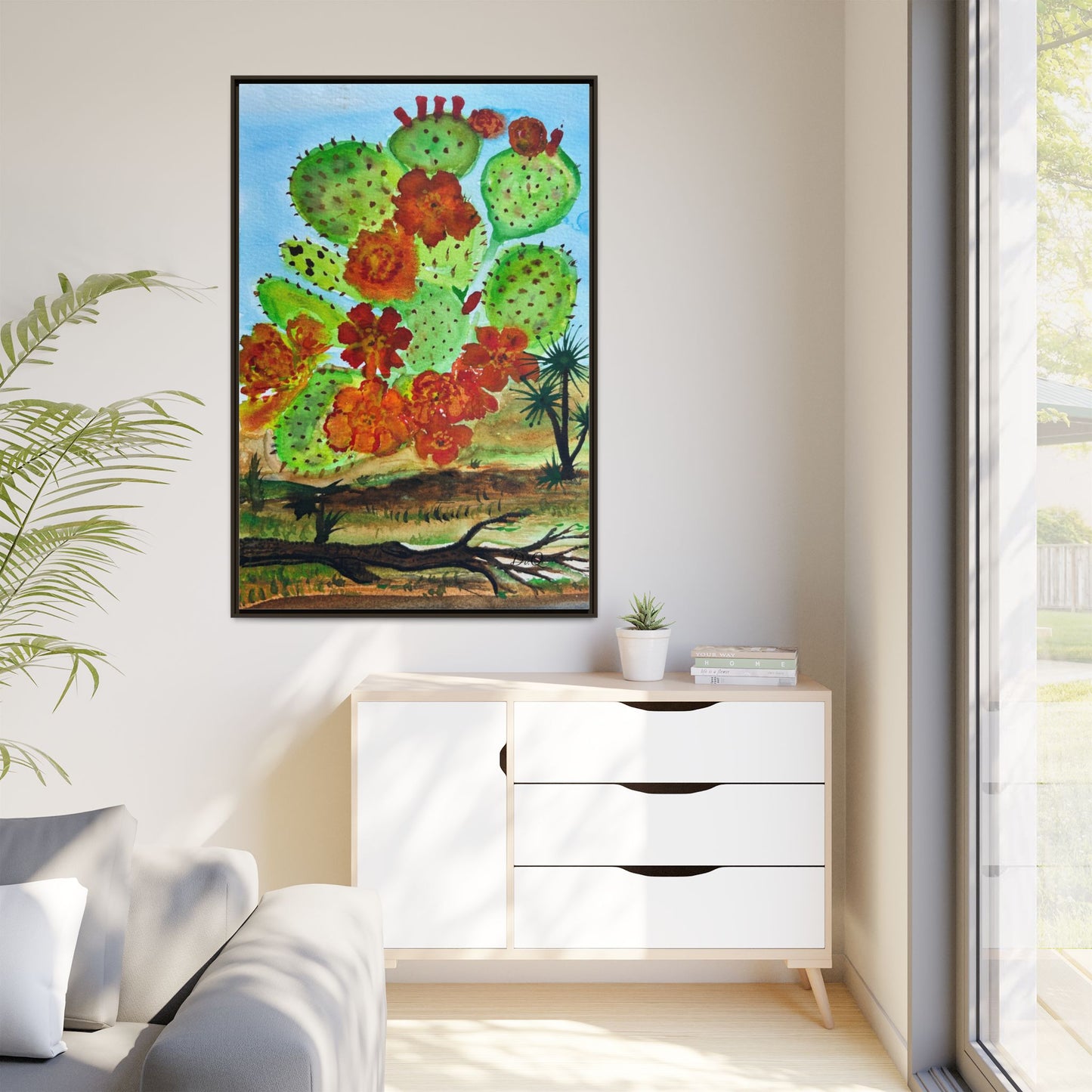 Prickly Pear Cactus Framed Canvas Print — Vertical Botanical Wall Art