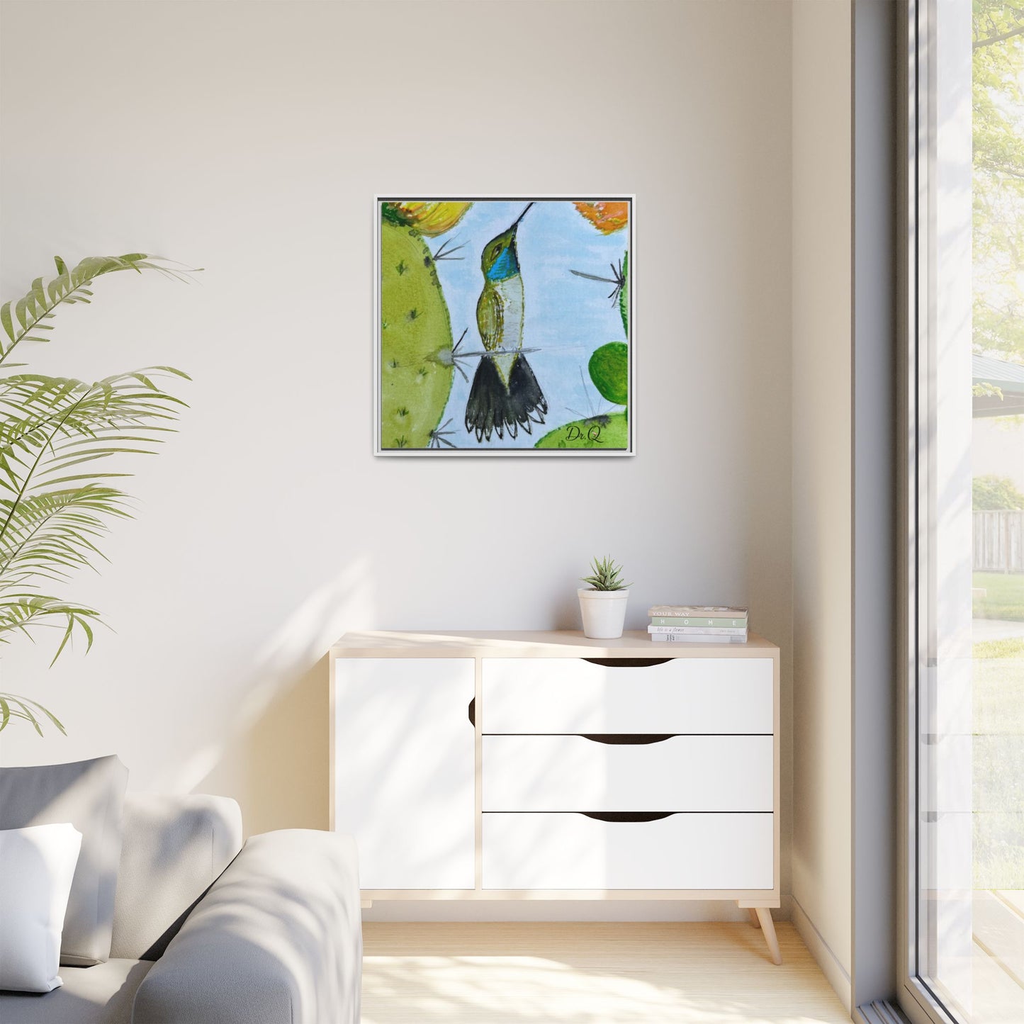 Framed Hummingbird Cactus Watercolor Print on Canvas by Dr. Q — Floral Desert Wall Art