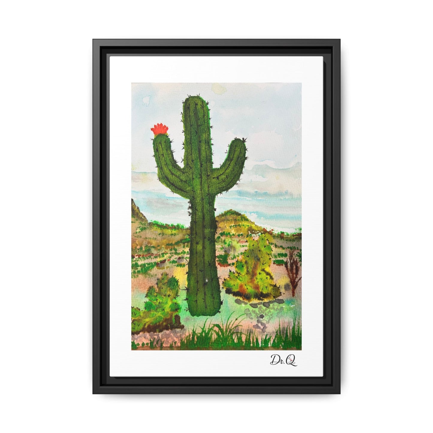 Framed Cactus Canvas Print — Desert Watercolor Wall Art