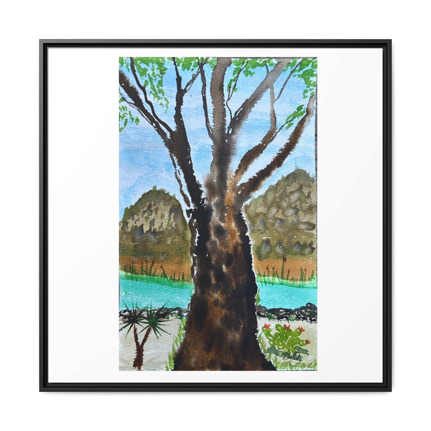 Tranquil Lakeside Tree Watercolor - Framed Matte Canvas Print by Dr. Q