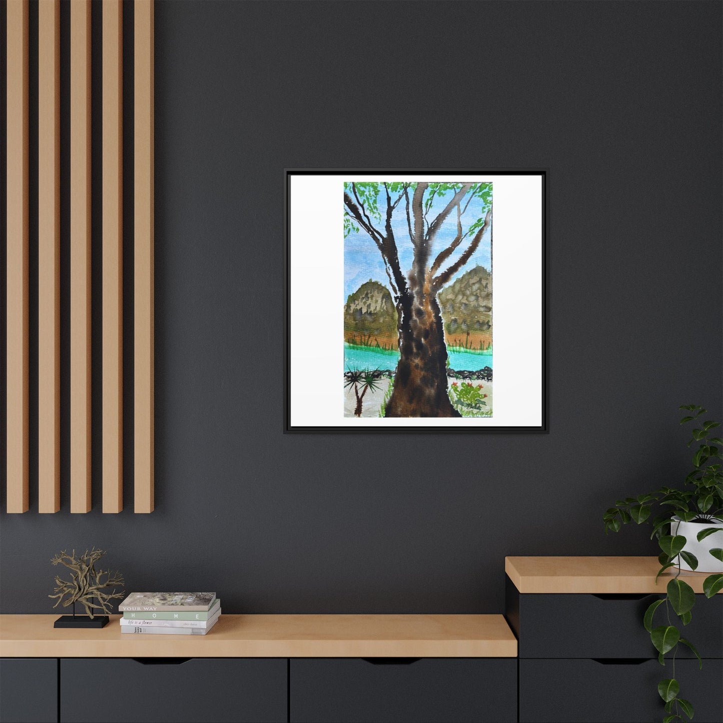 Tranquil Lakeside Tree Watercolor - Framed Matte Canvas Print by Dr. Q