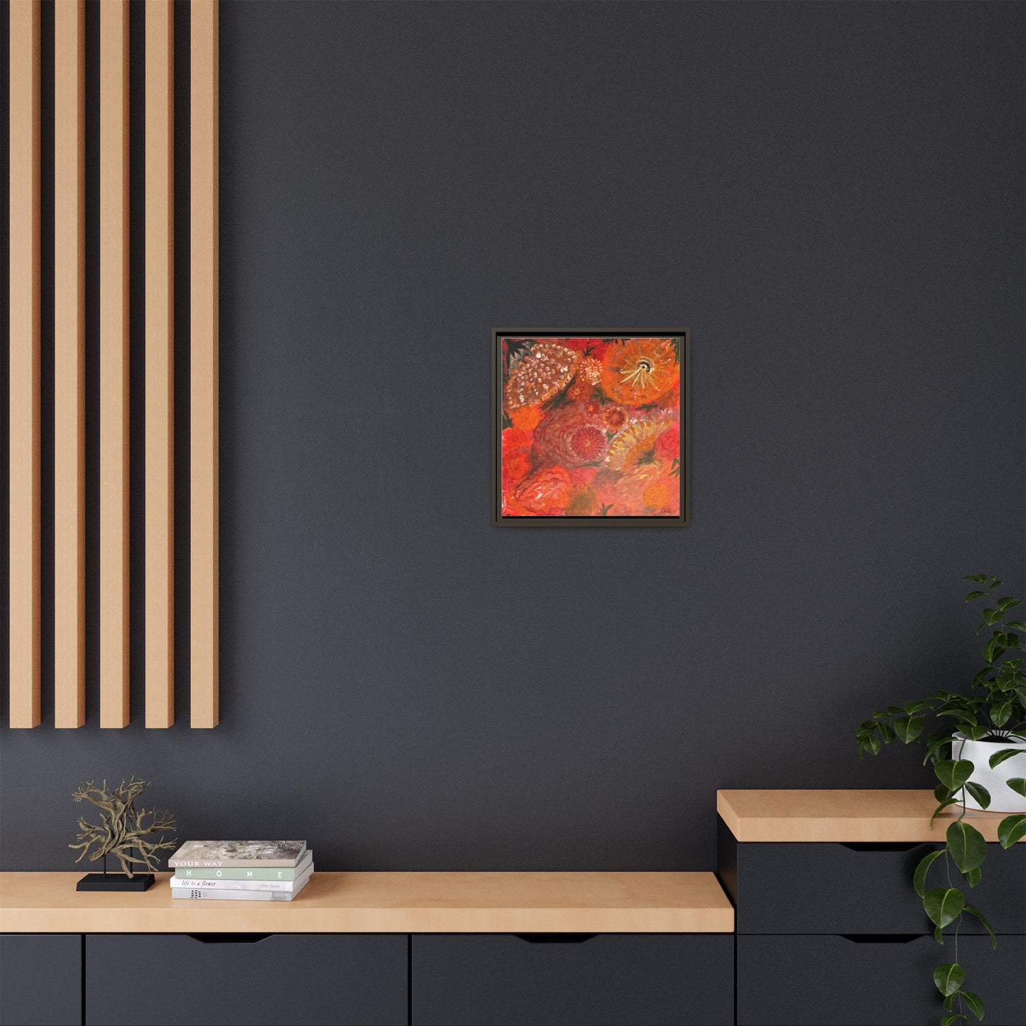 "Floral Burst" Abstract Red Floral Matte Canvas Framed Wall Art