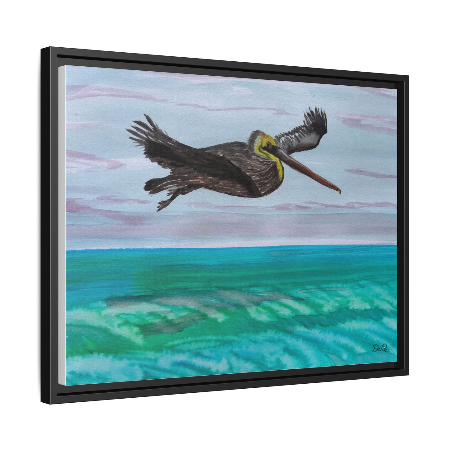 Brown Pelican Over Ocean Matte Framed Canvas Art