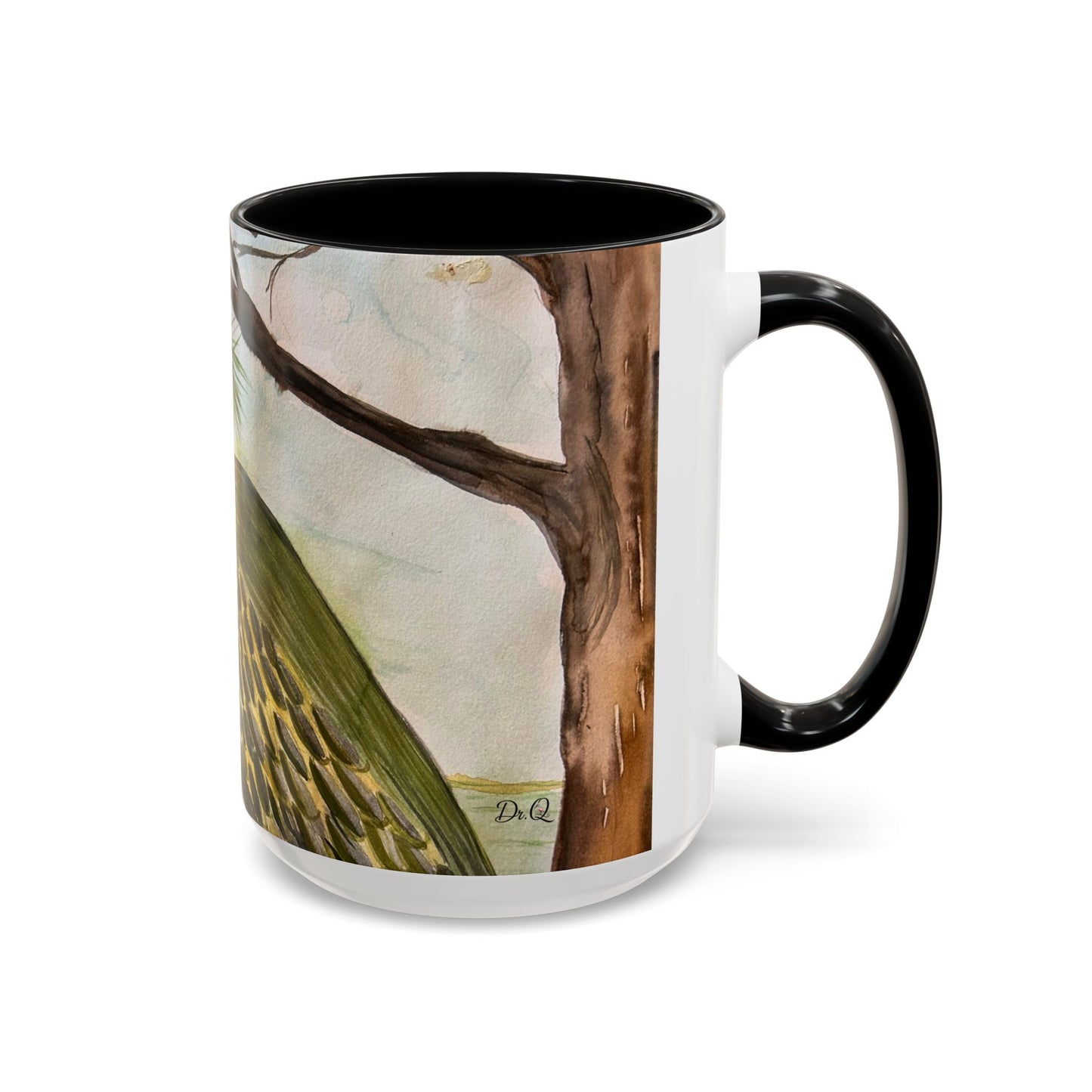 Green Heron Watercolor Accent Coffee Mug — Nature Bird Watercolor (11/15oz)