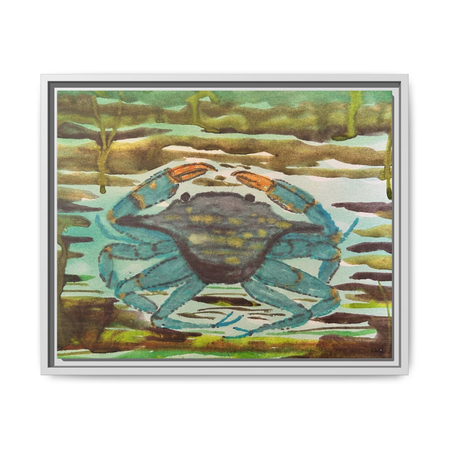 Blue Crab Coastal Art Print — Matte Framed Canvas