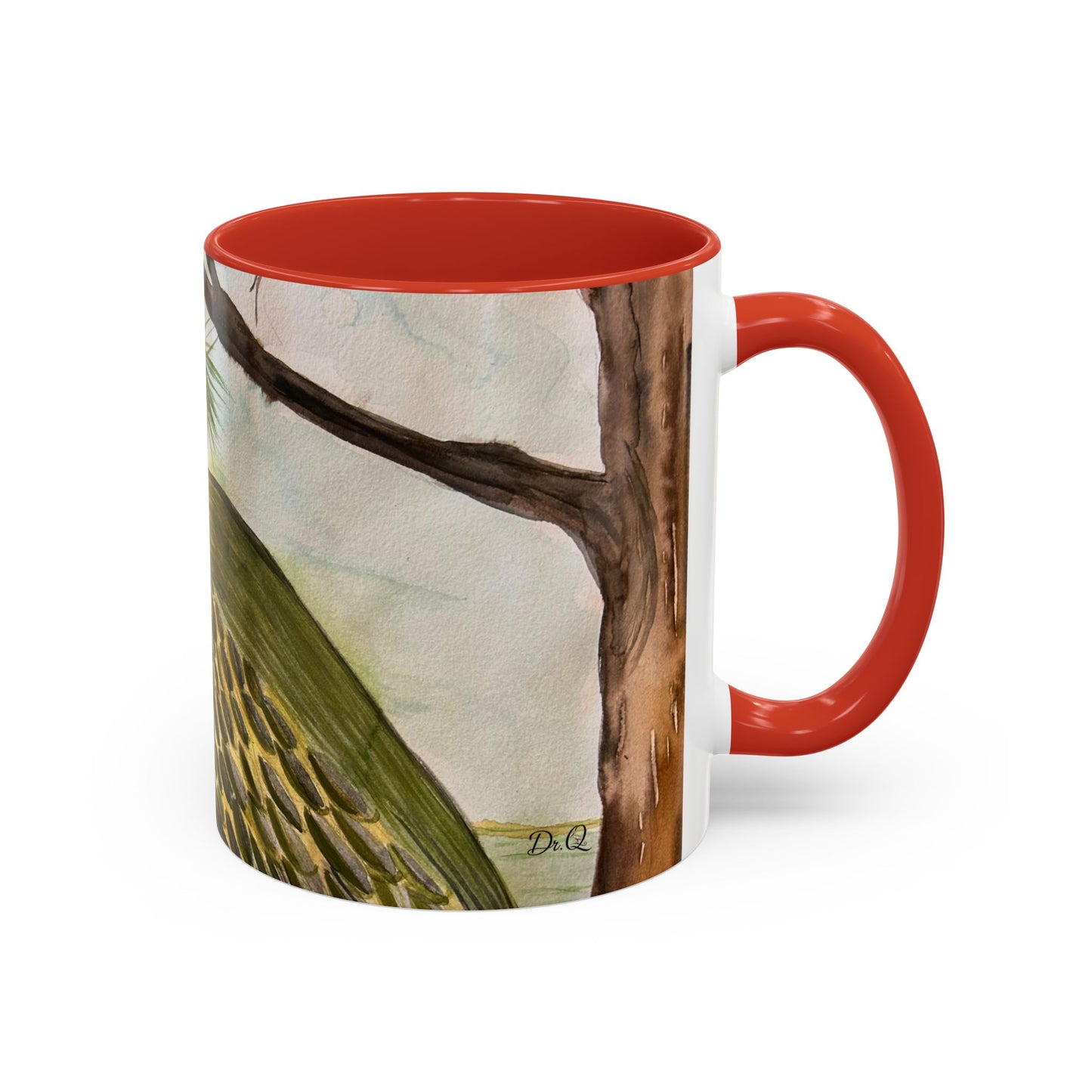 Green Heron Watercolor Accent Coffee Mug — Nature Bird Watercolor (11/15oz)