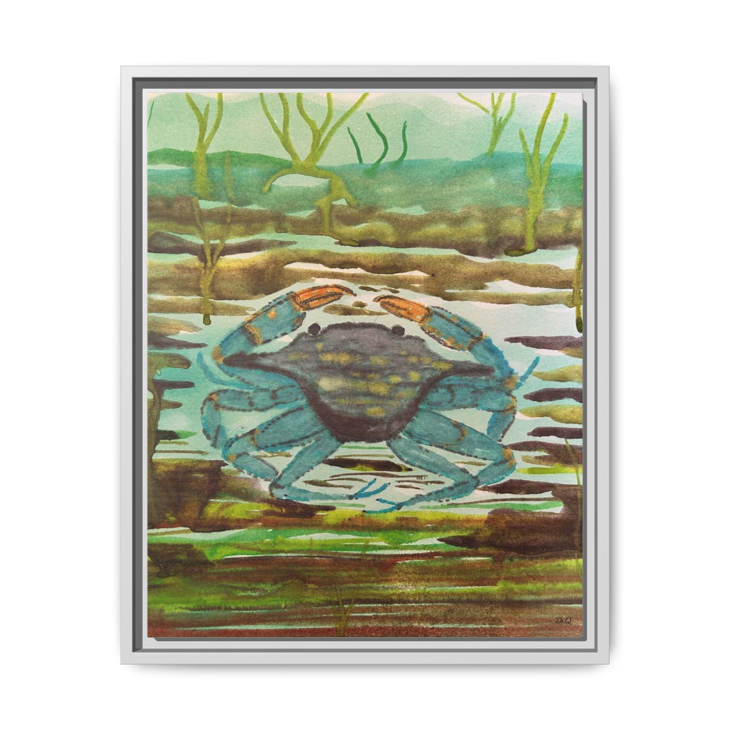 Blue Crab Coastal Art Print — Matte Framed Canvas