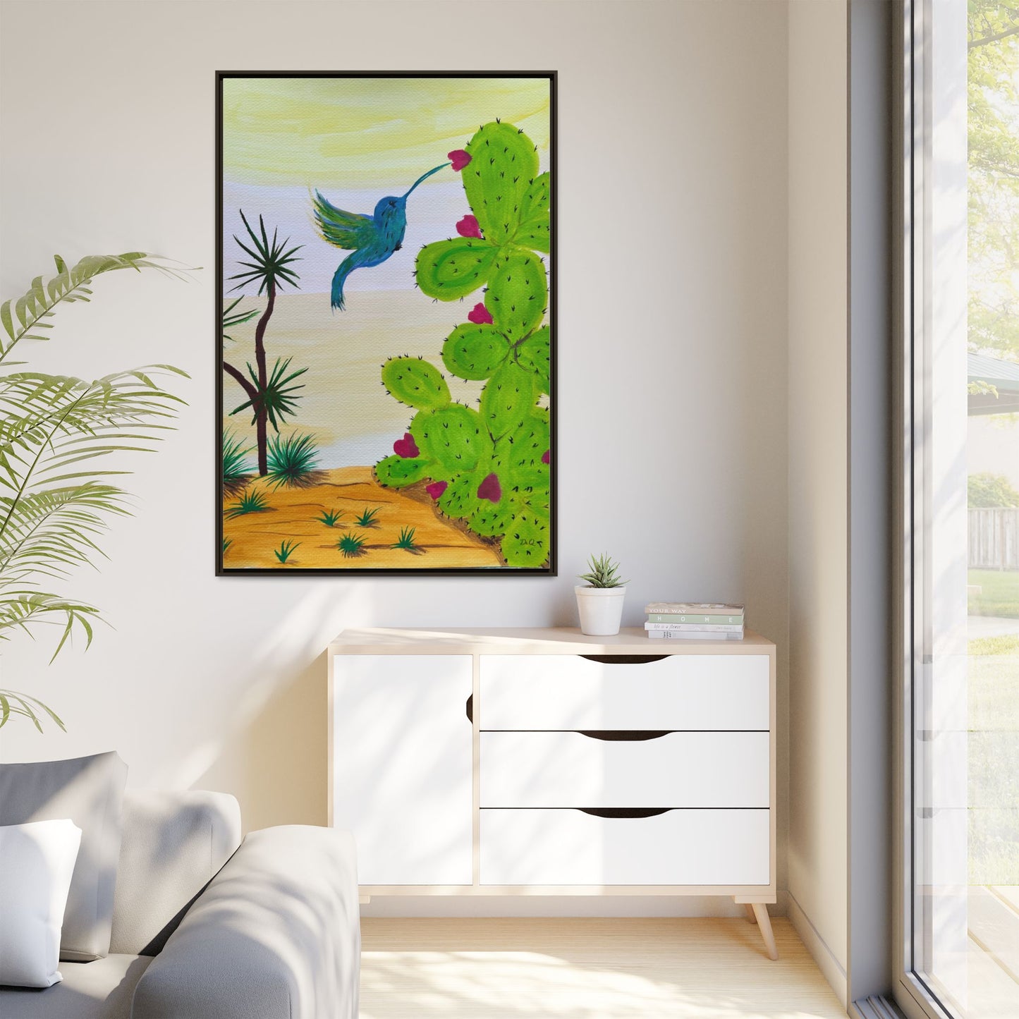 Tropical Cactus & Hummingbird Wall Art - Framed Matte Canvas