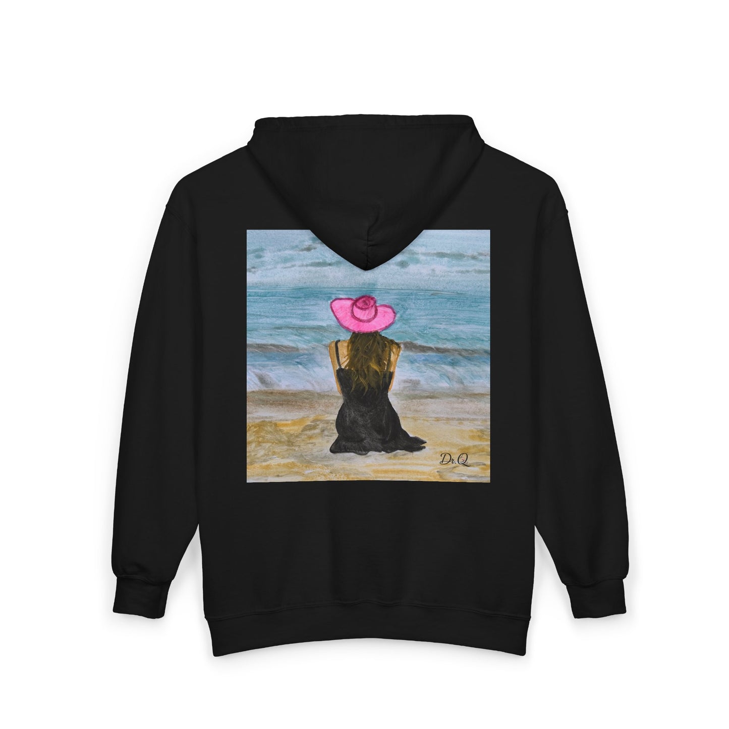 Dr. Q's Full-Zip Hoodie — Woman in Pink Hat Beach Art Zip-Up Sweatshirt