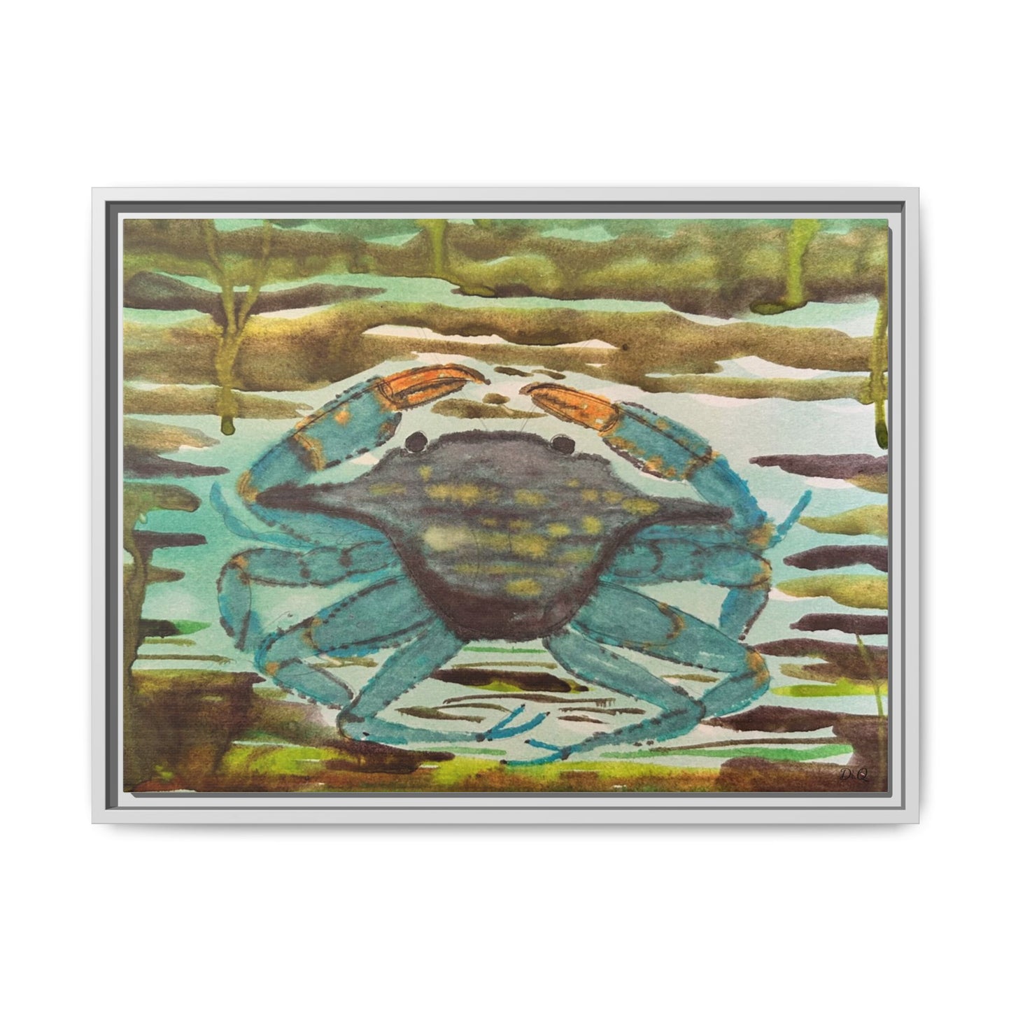 Blue Crab Coastal Art Print — Matte Framed Canvas