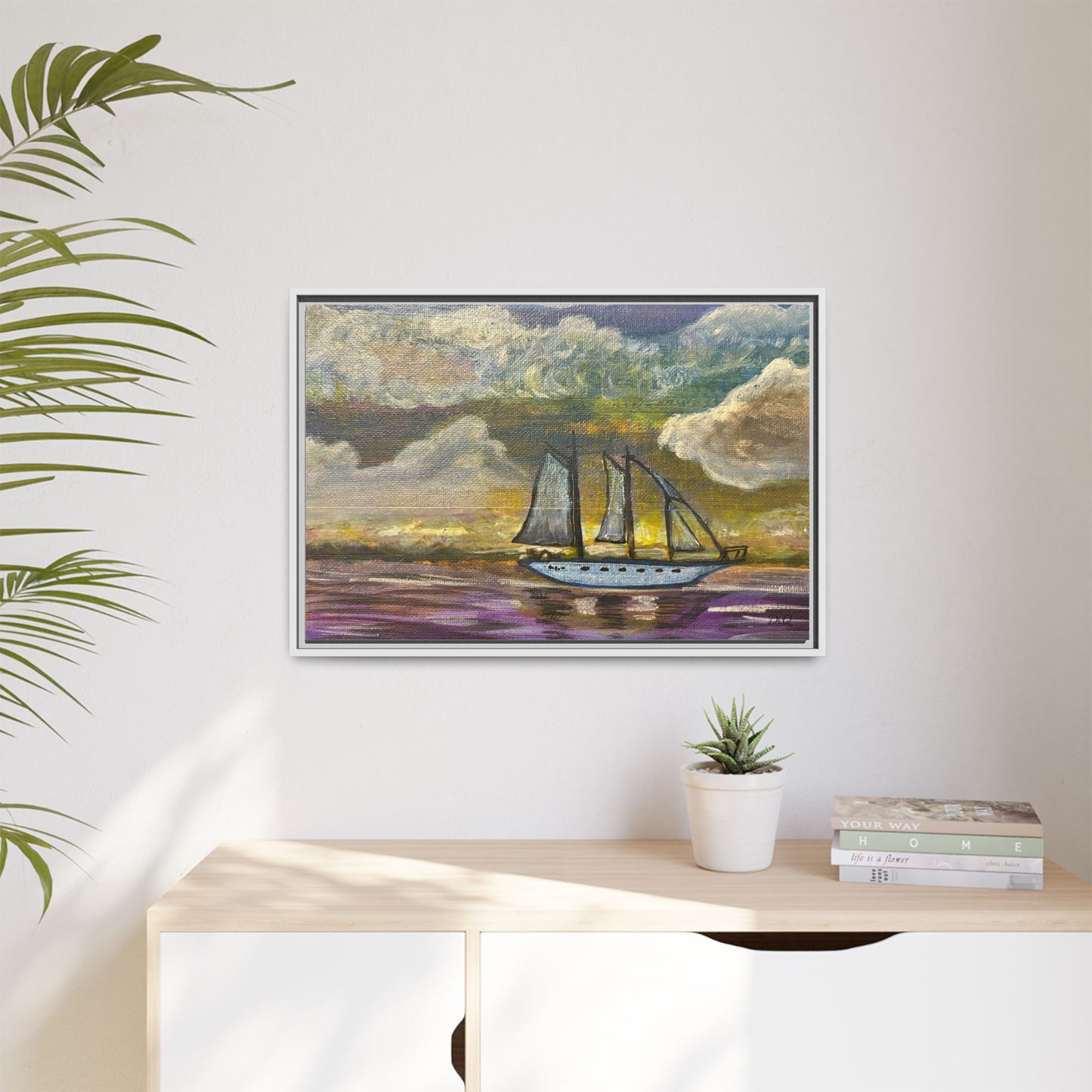 Framed Matte Canvas Sailboat Painting — Serene Seascape Wall Art