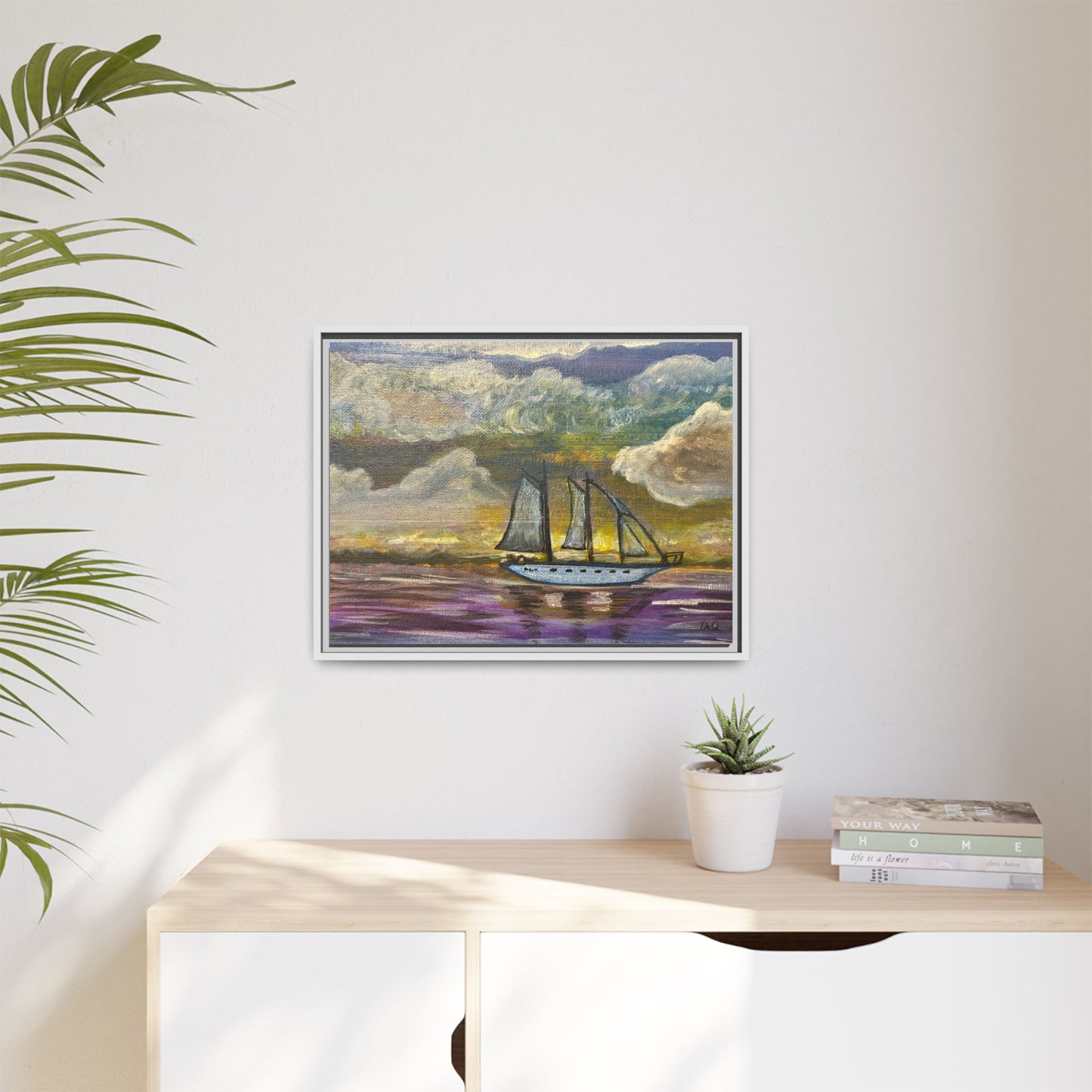 Framed Matte Canvas Sailboat Painting — Serene Seascape Wall Art