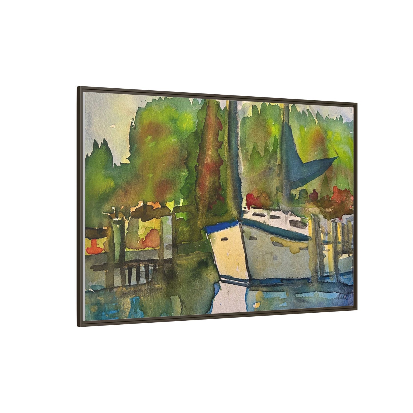 Sailboat Harbor Watercolor — Framed Matte Canvas Wall Art