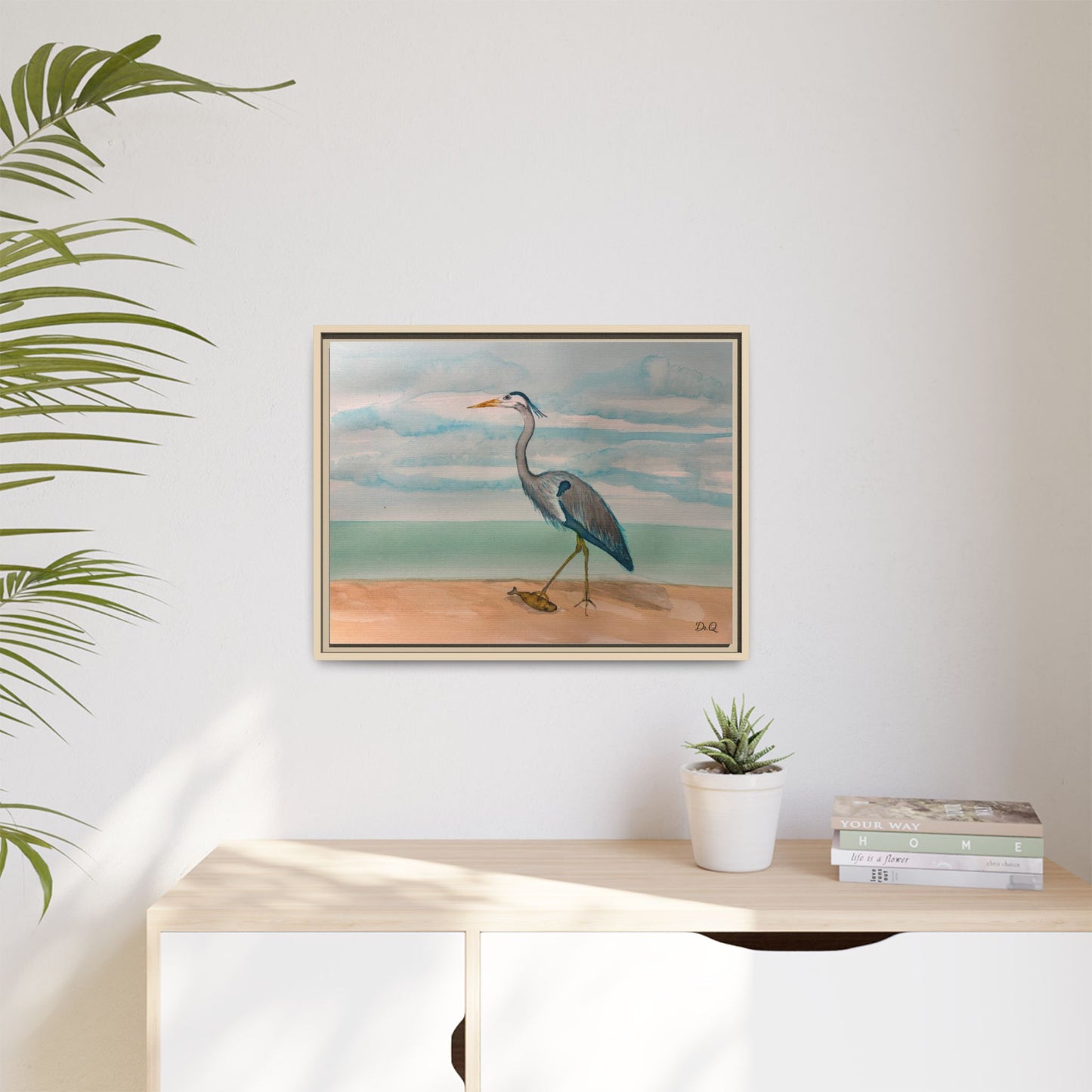 Framed Heron Beach Matte Canvas — Coastal Watercolor Wall Art