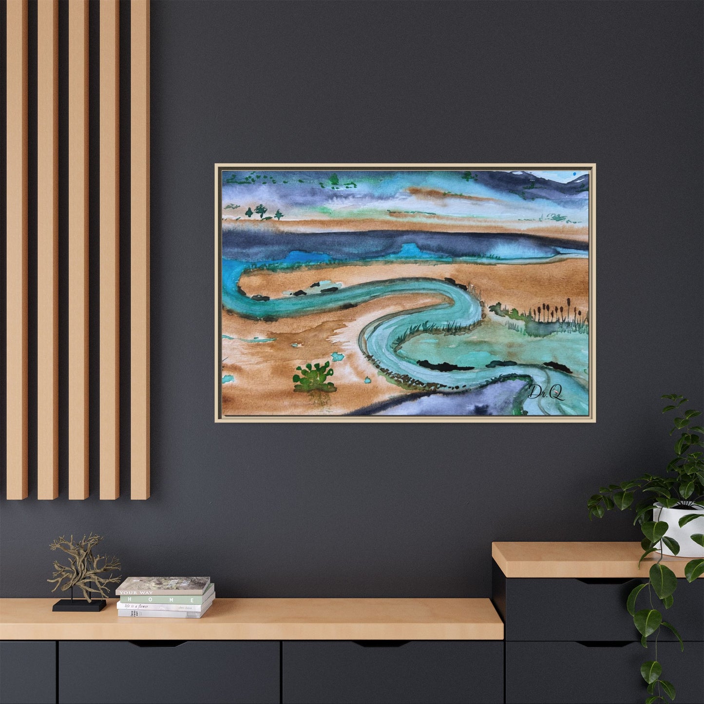 Winding River by Dr. Q - Framed Matte Canvas Watercolor Wall Art