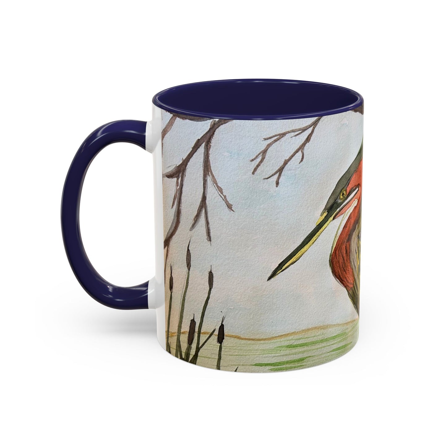 Green Heron Watercolor Accent Coffee Mug — Nature Bird Watercolor (11/15oz)