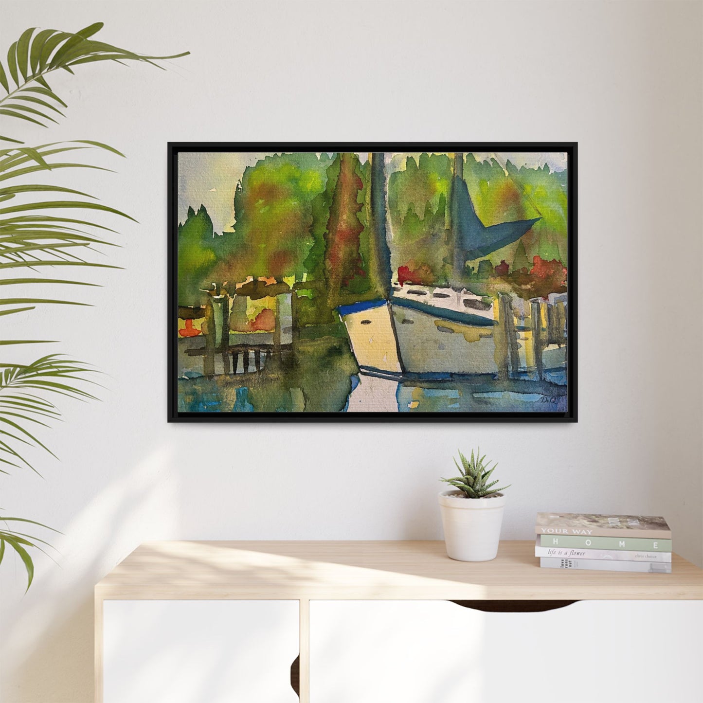 Sailboat Harbor Watercolor — Framed Matte Canvas Wall Art