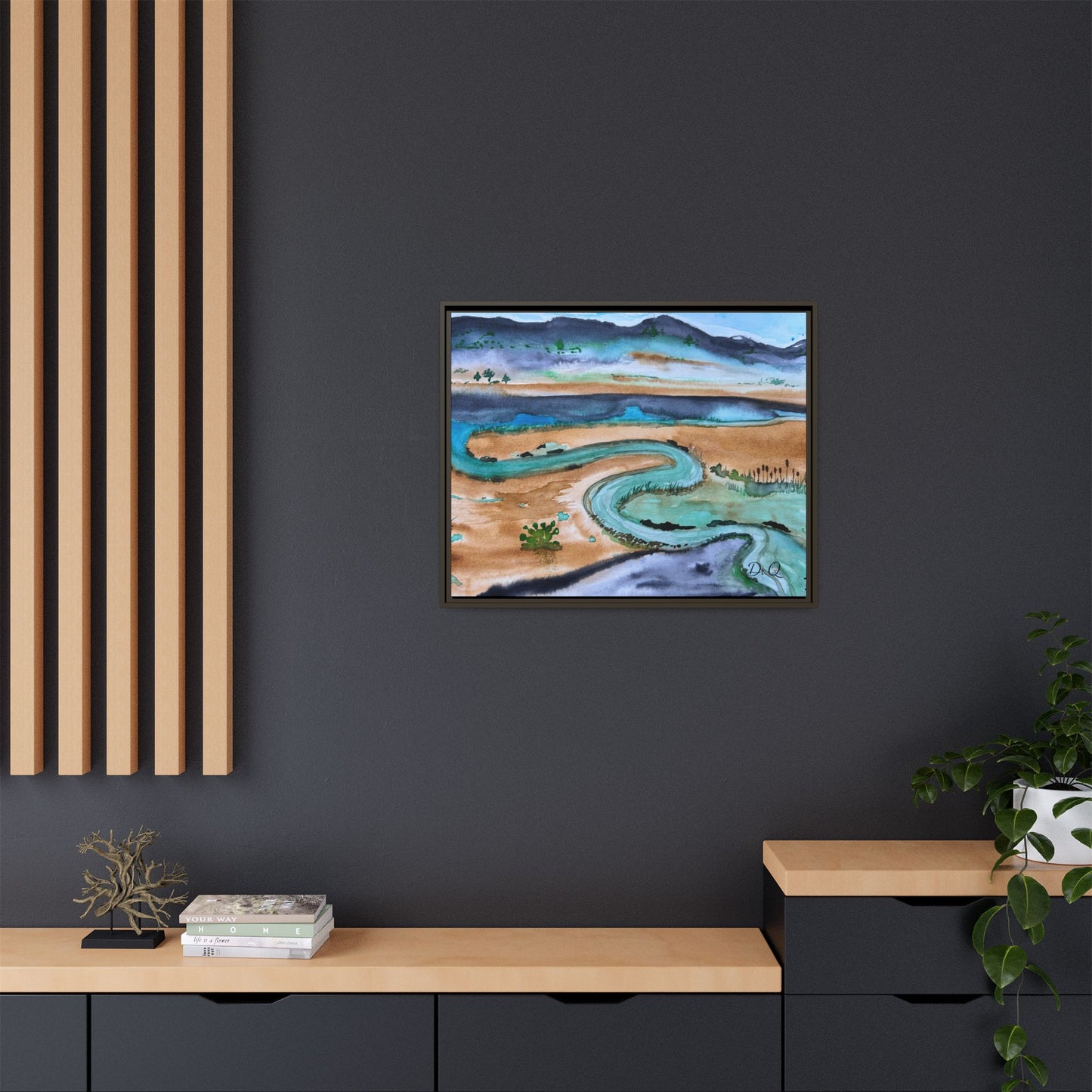Winding River by Dr. Q - Framed Matte Canvas Watercolor Wall Art