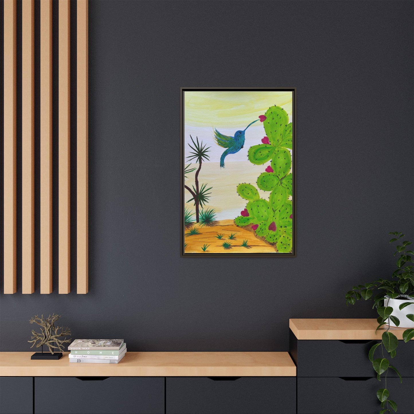 Tropical Cactus & Hummingbird Wall Art - Framed Matte Canvas