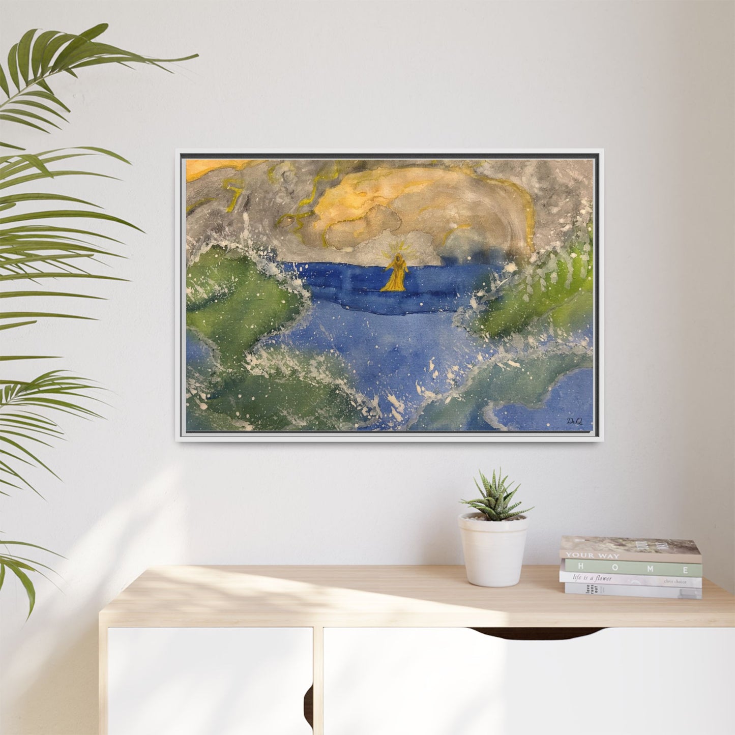 "Faith in the Storm" Framed Matte Canvas Seascape — Golden Sail at Sunset