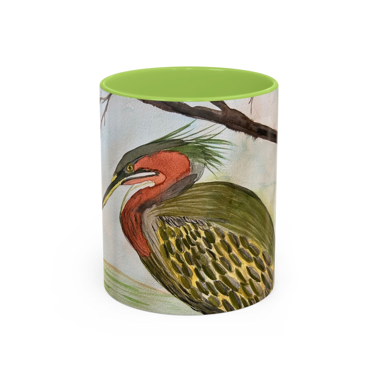 Green Heron Watercolor Accent Coffee Mug — Nature Bird Watercolor (11/15oz)