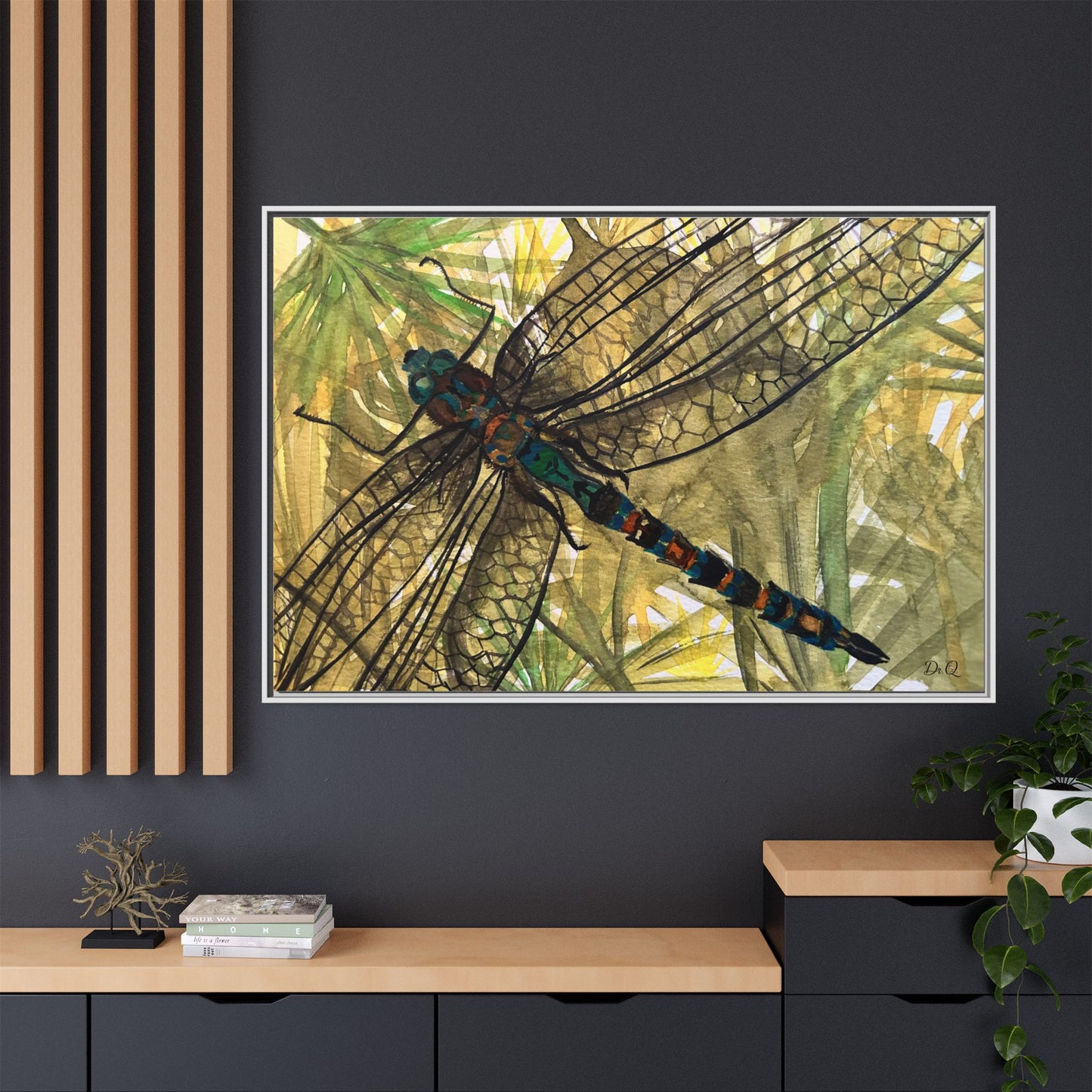Dragonfly Framed Canvas Art — Botanical Watercolor Wall Decor