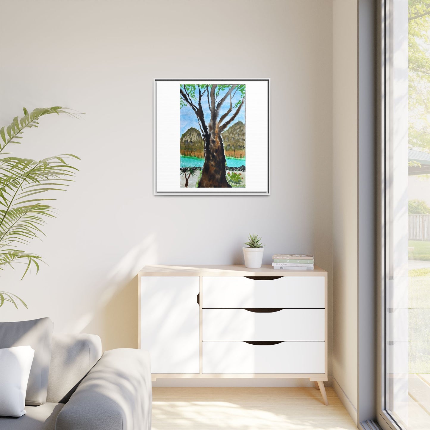 Tranquil Lakeside Tree Watercolor - Framed Matte Canvas Print by Dr. Q