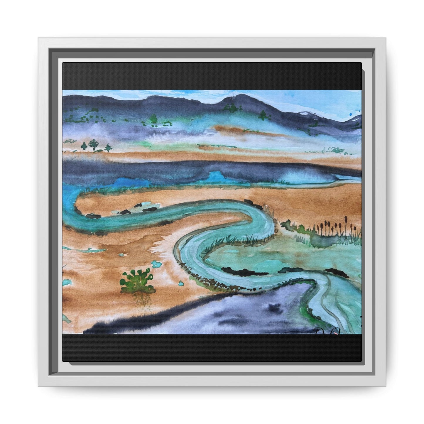 Winding River by Dr. Q - Framed Matte Canvas Watercolor Wall Art