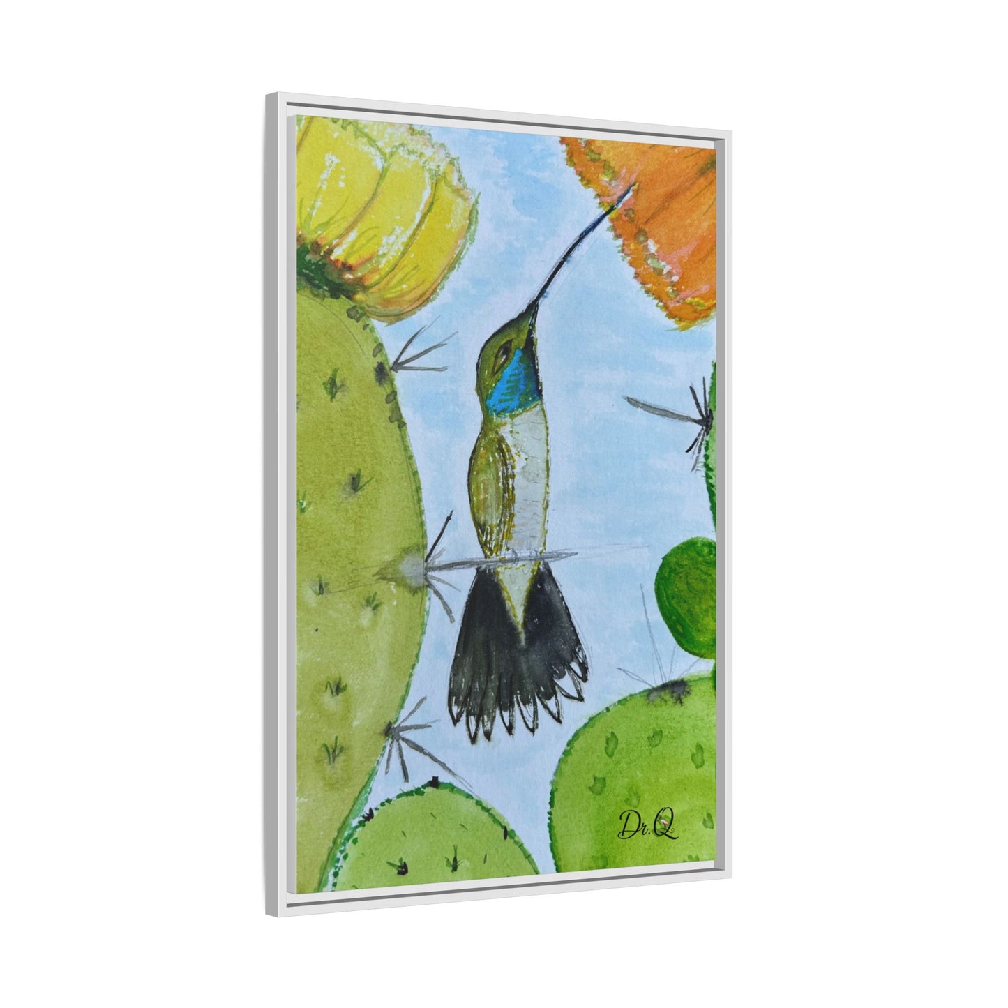 Framed Hummingbird Cactus Watercolor Print on Canvas by Dr. Q — Floral Desert Wall Art