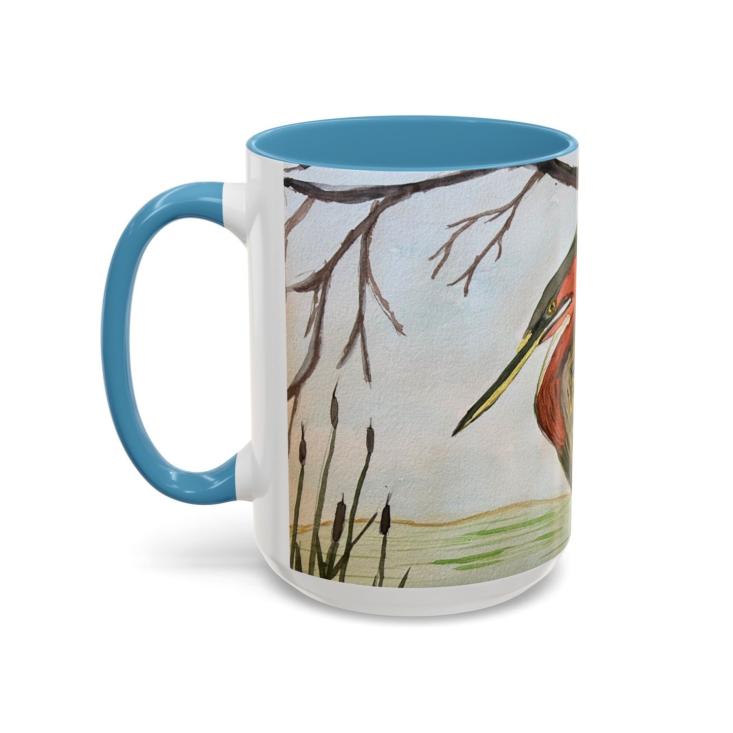 Green Heron Watercolor Accent Coffee Mug — Nature Bird Watercolor (11/15oz)