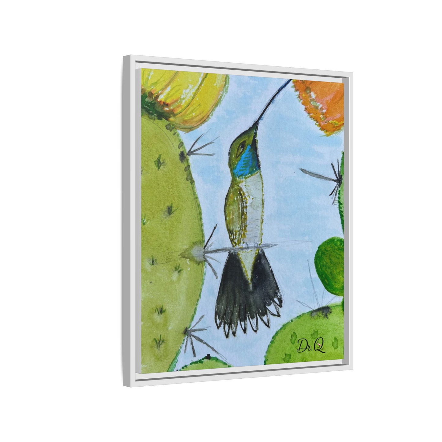 Framed Hummingbird Cactus Watercolor Print on Canvas by Dr. Q — Floral Desert Wall Art