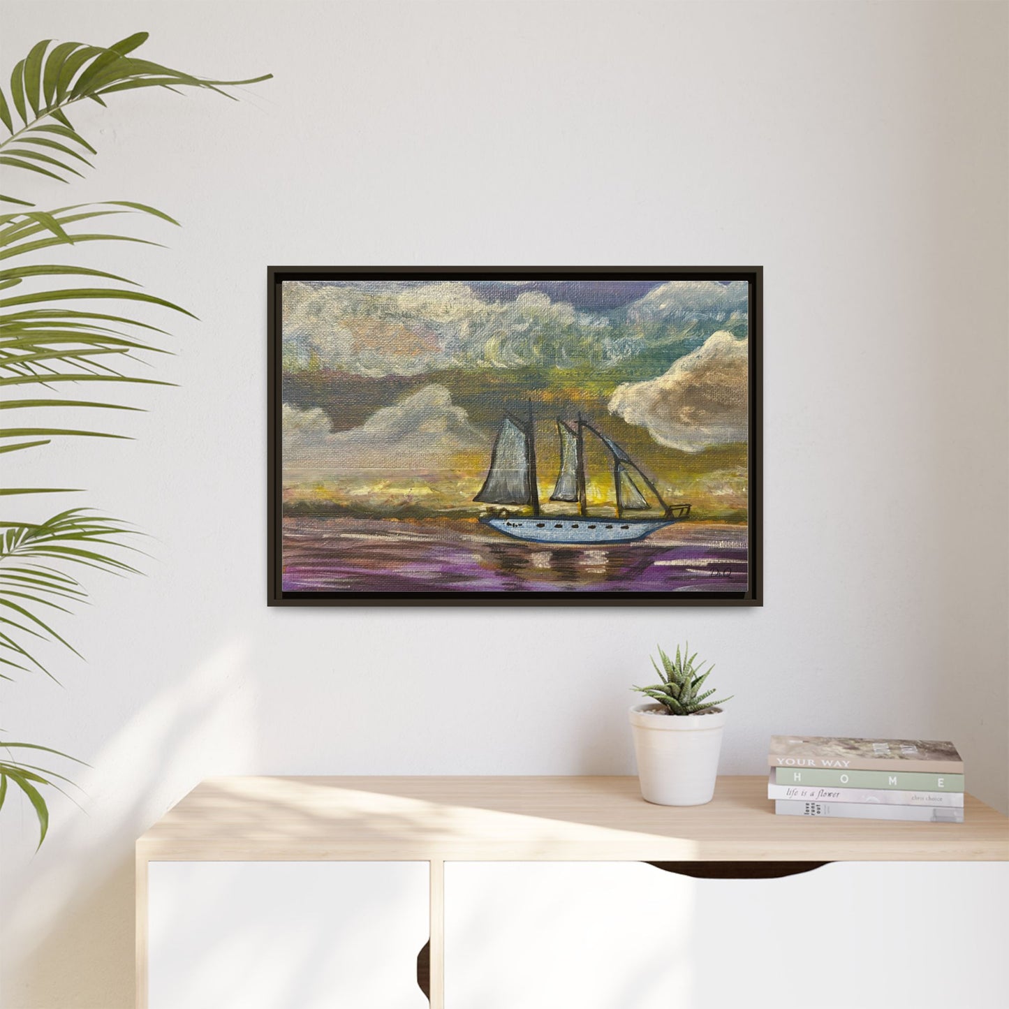 Framed Matte Canvas Sailboat Painting — Serene Seascape Wall Art