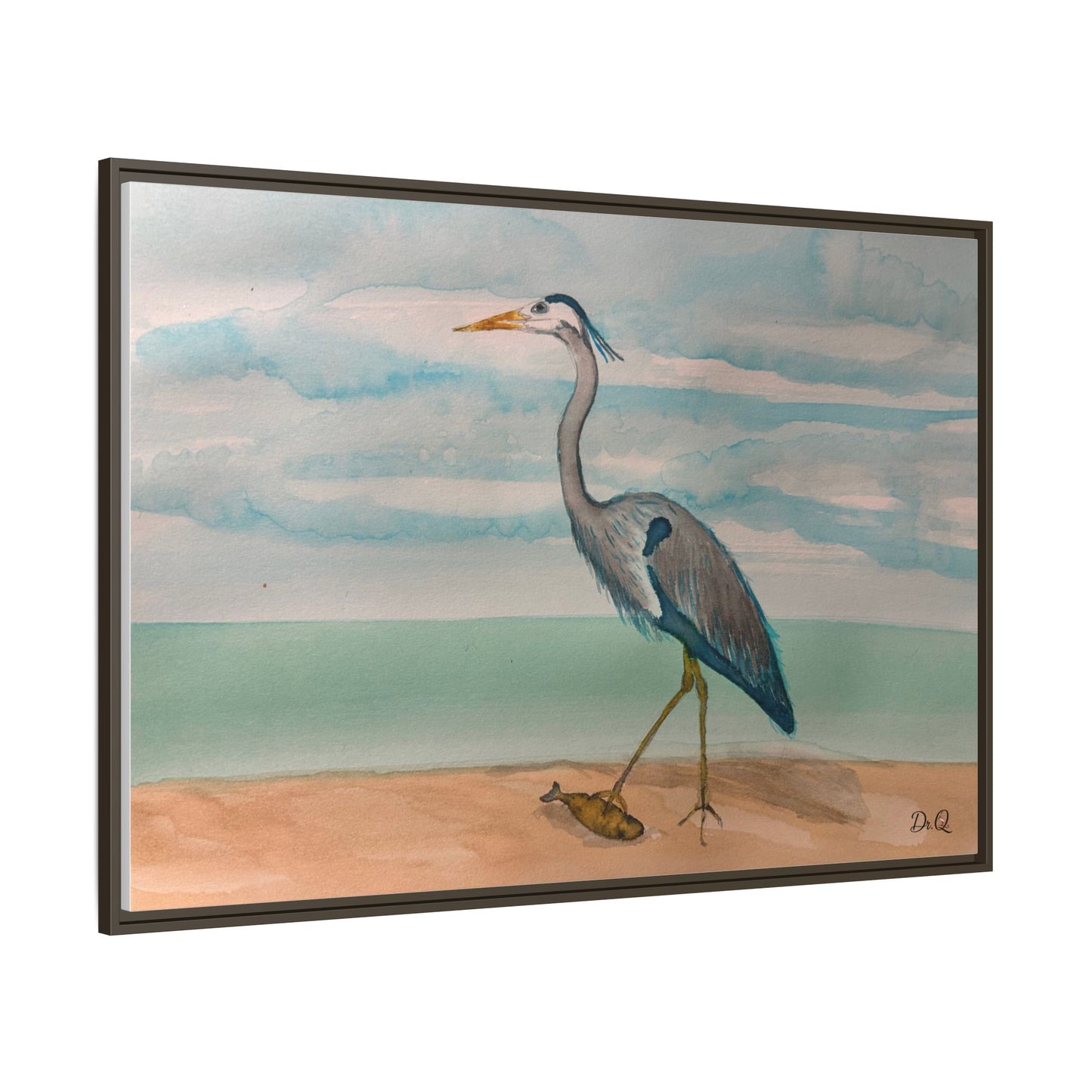 Framed Heron Beach Matte Canvas — Coastal Watercolor Wall Art