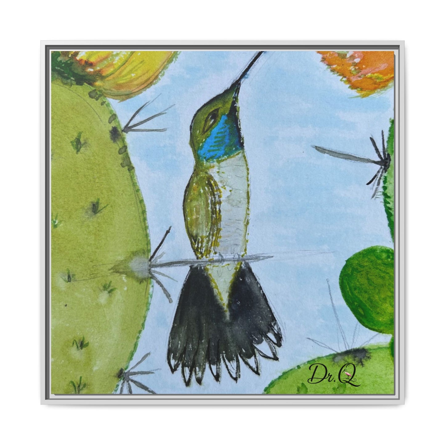 Framed Hummingbird Cactus Watercolor Print on Canvas by Dr. Q — Floral Desert Wall Art