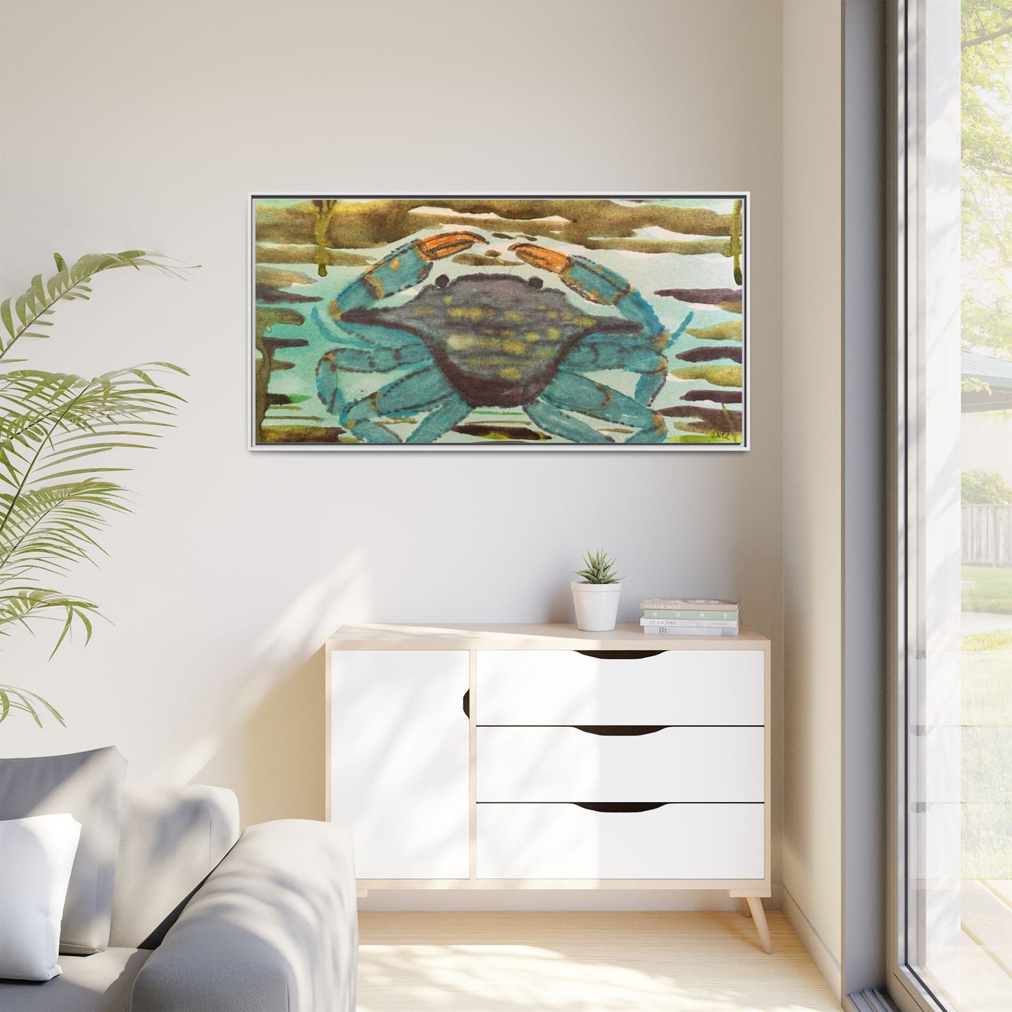 Blue Crab Coastal Art Print — Matte Framed Canvas