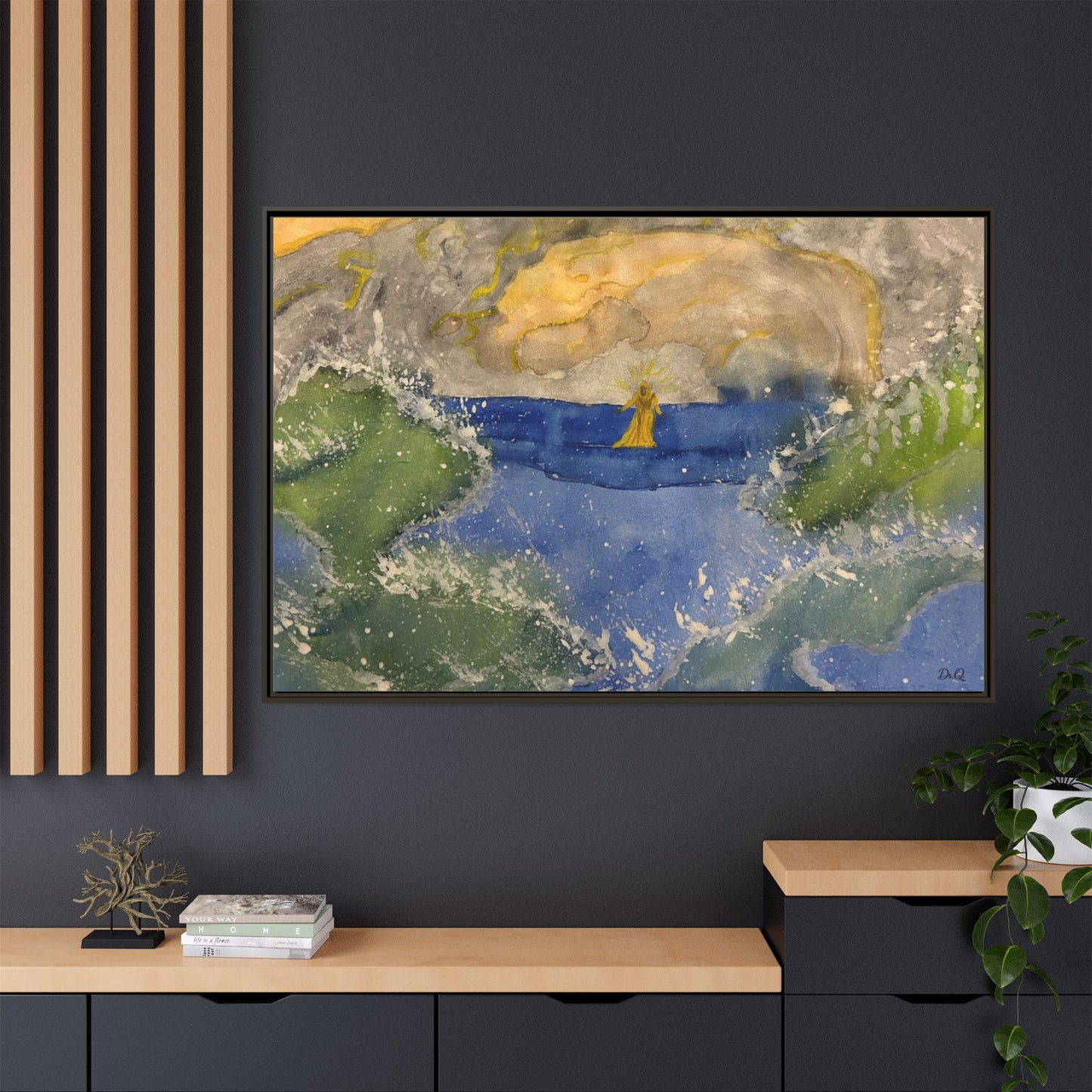 "Faith in the Storm" Framed Matte Canvas Seascape — Golden Sail at Sunset