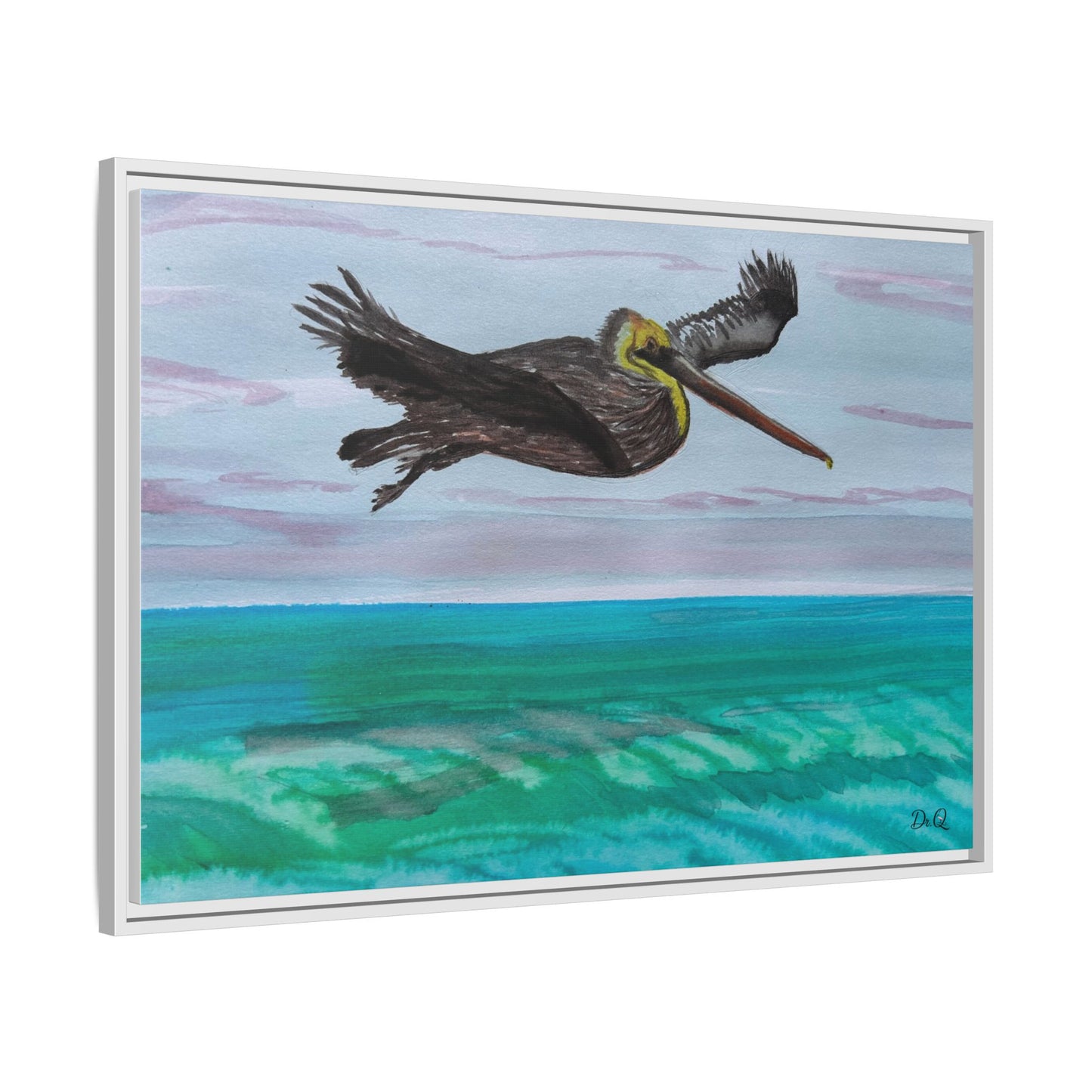 Brown Pelican Over Ocean Matte Framed Canvas Art