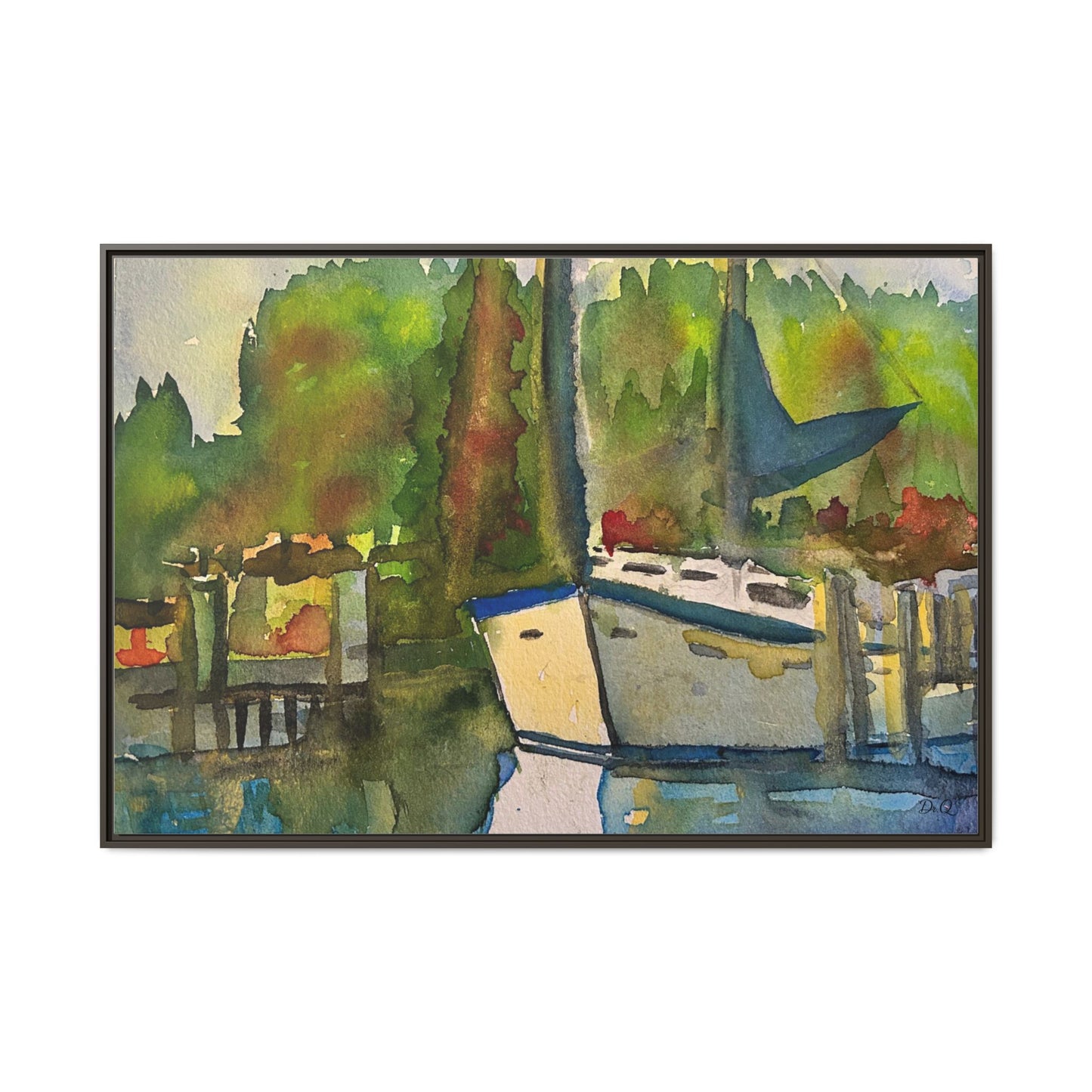 Sailboat Harbor Watercolor — Framed Matte Canvas Wall Art