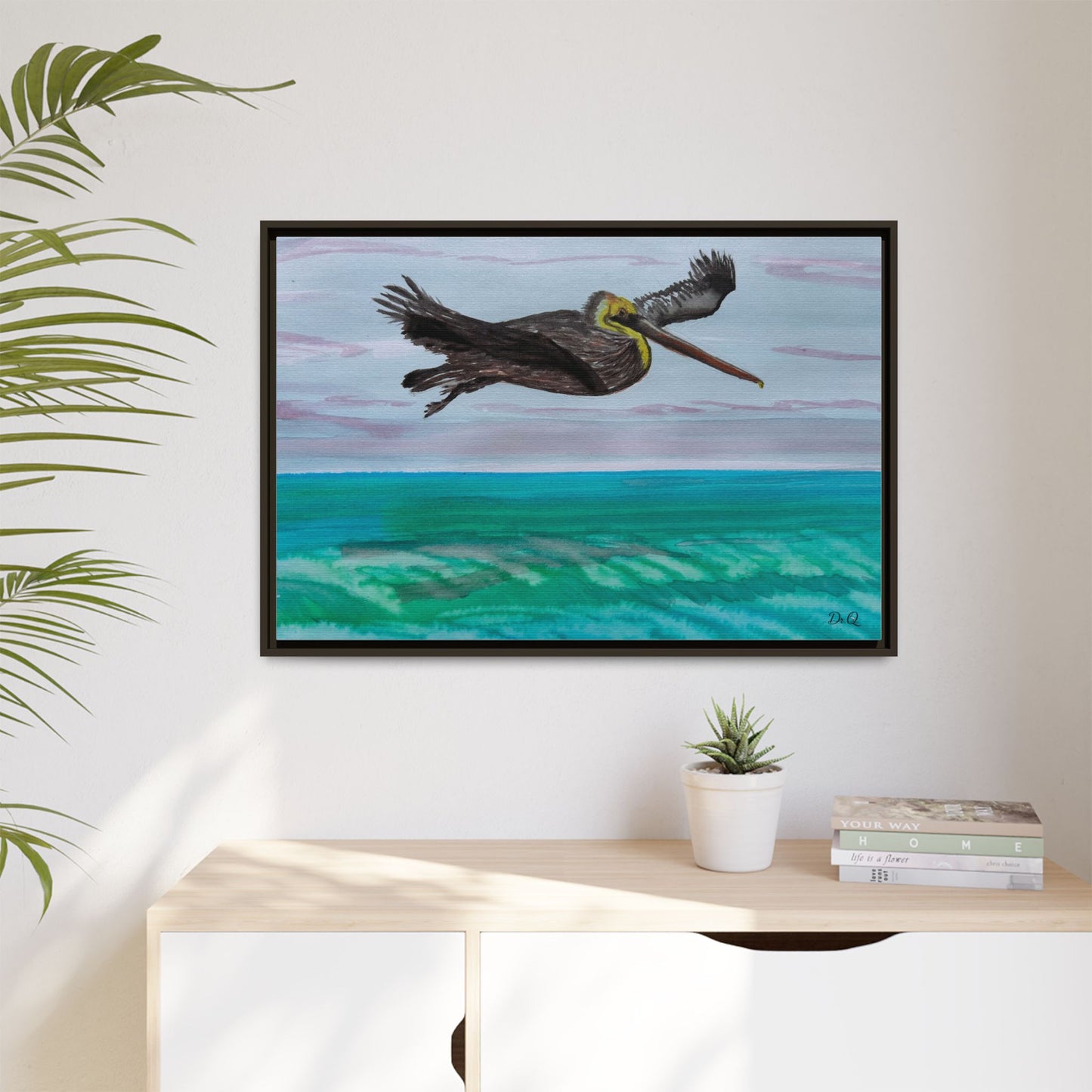 Brown Pelican Over Ocean Matte Framed Canvas Art