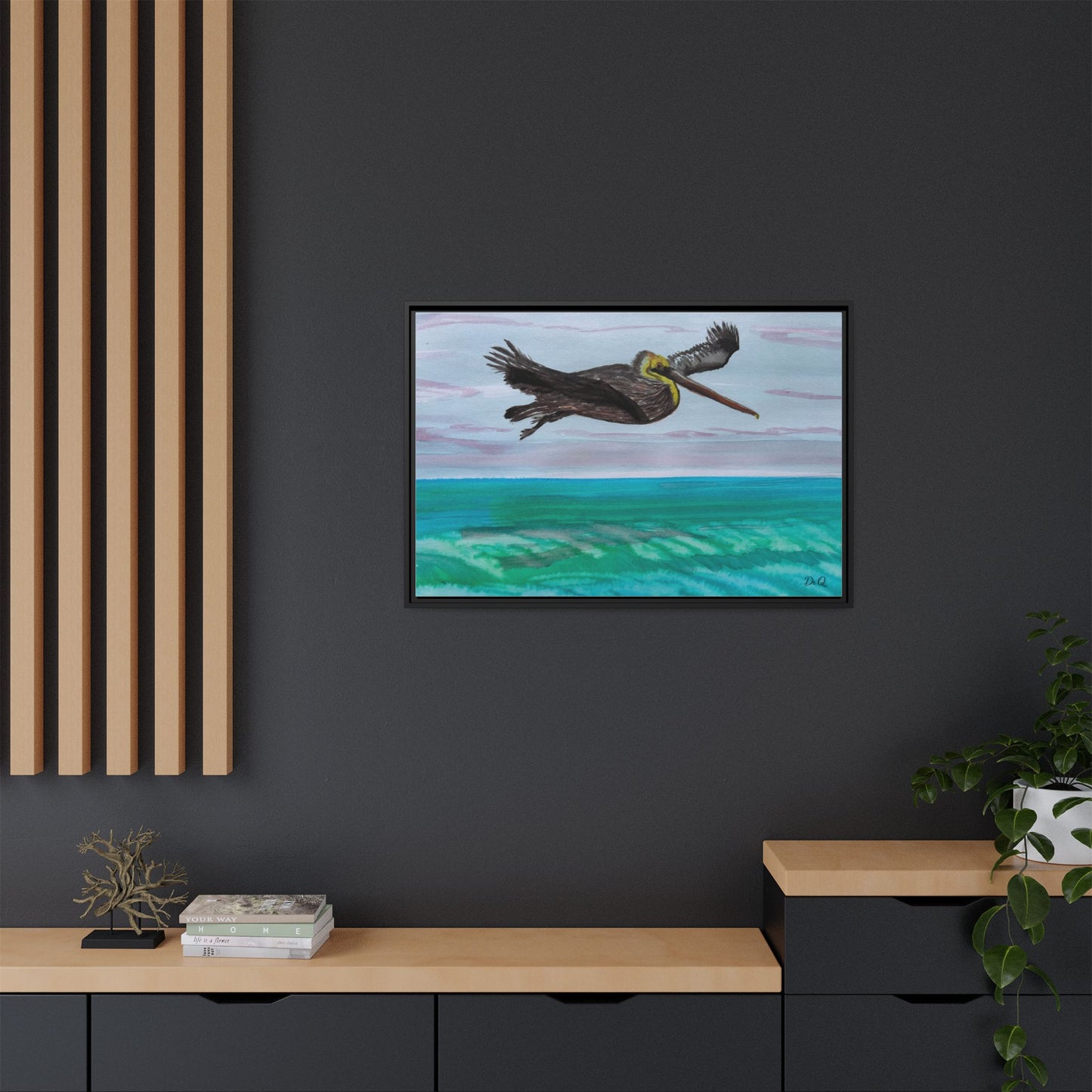 Brown Pelican Over Ocean Matte Framed Canvas Art