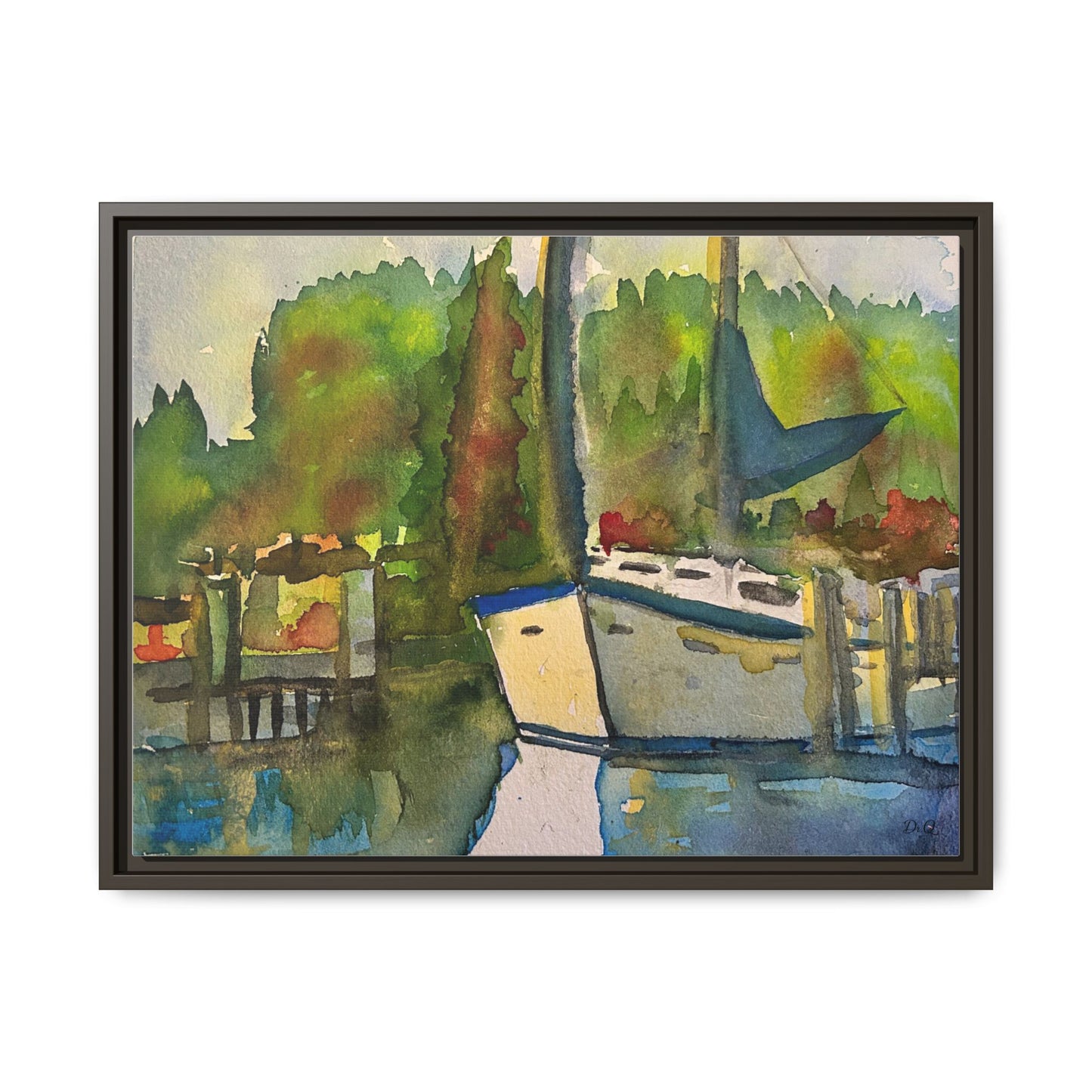 Sailboat Harbor Watercolor — Framed Matte Canvas Wall Art